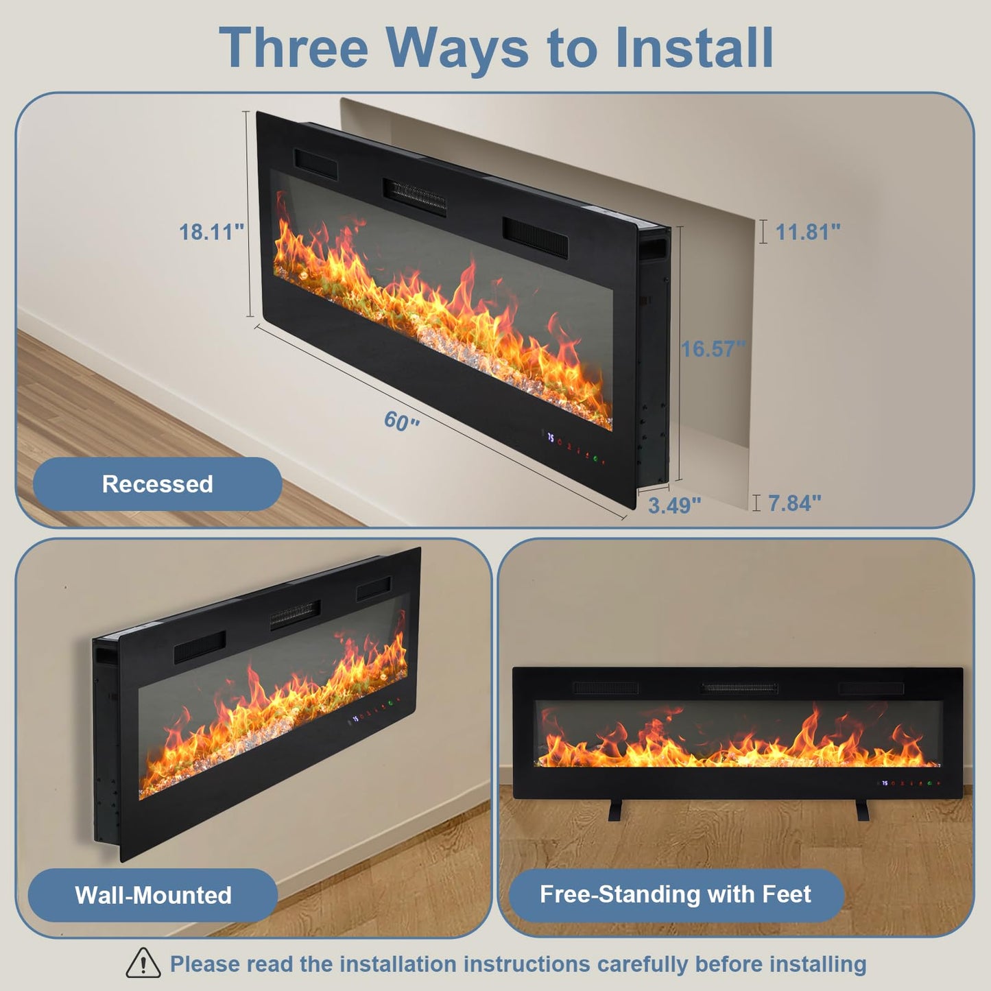 DUMOS 60 Inch Electric Fireplace Wall Mounted/Recessed/Free Standing Space Heater with Remote Control Adjustable Flame Colors Touch Screen Energy Saving, Black