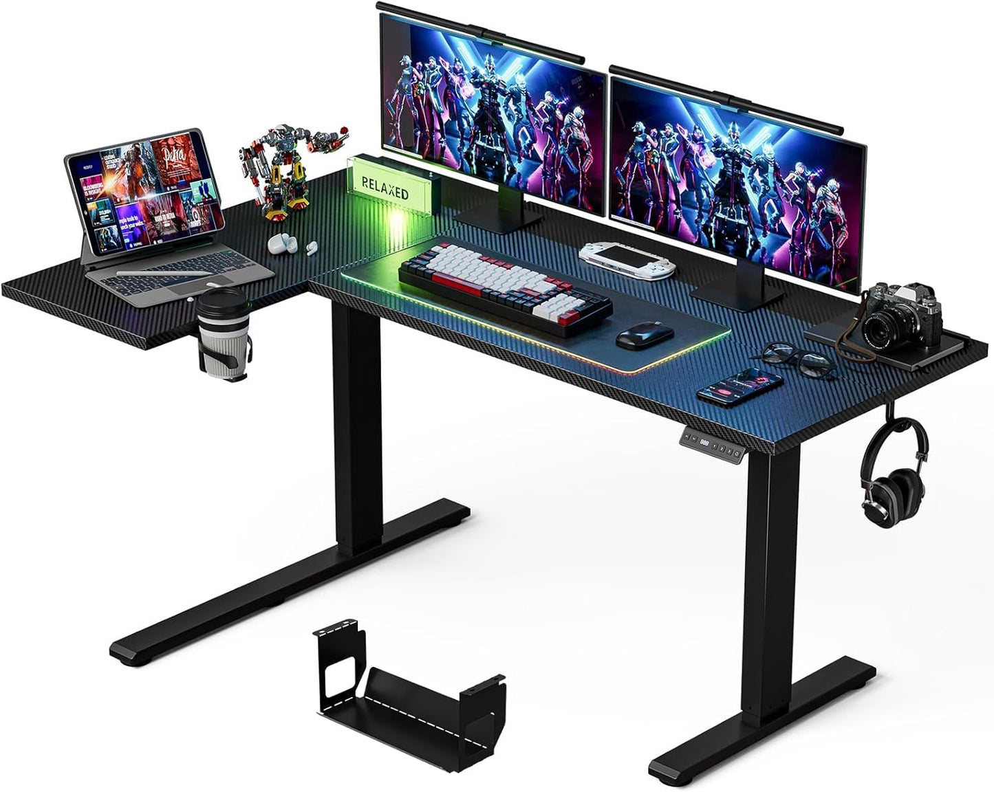 Muvai 71 Inch L Shaped Standing Desk Adjustable Height with Cable Management Tray,Gaming Electric Corner Standing Desk, Sit Stand Computer Table with Reversiable Splice Board, Black Carbon