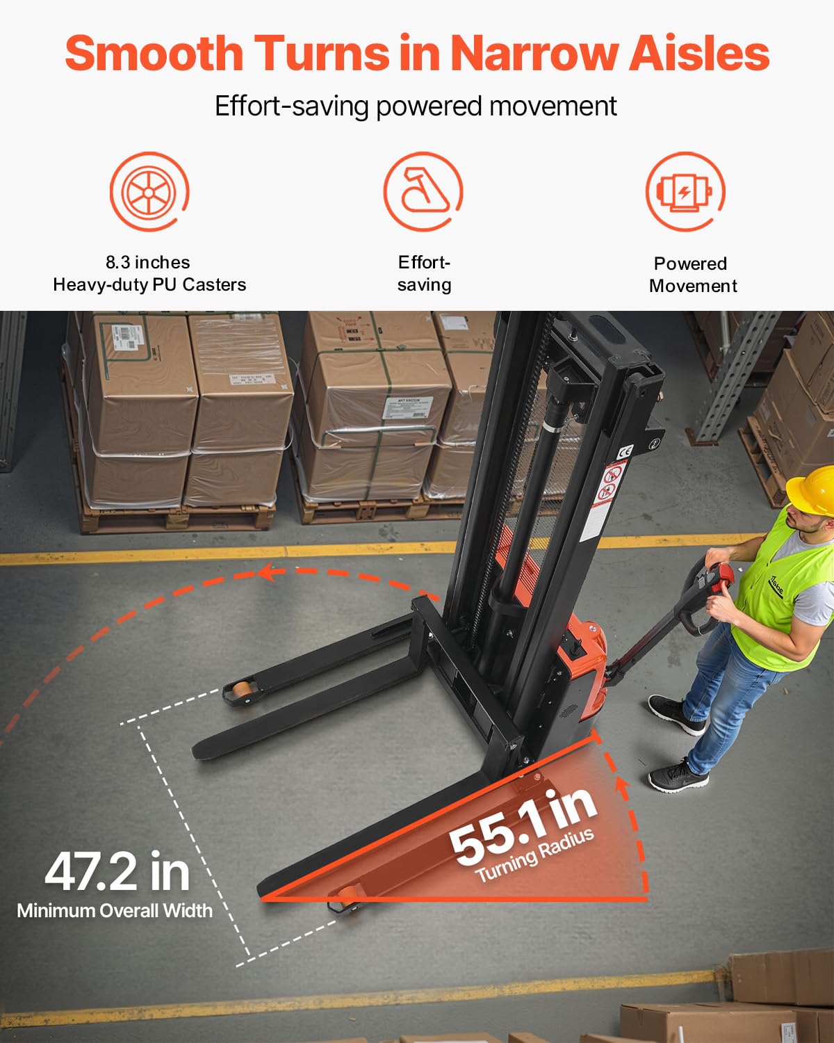 VEVOR Full Electric Pallet Stacker, 3300 lbs Load Capacity, 130'' Max Lifting Height, Pallet Lift Stacker Forklift with Straddle Legs & Forks, 8.66-31.1 Inches Adjustable Fork Width, Orange & Black