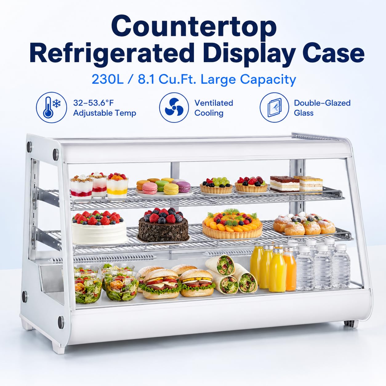 8.1 Cu.Ft Commercial Glass Door Refrigerator | Countertop Display Fridge with LED Lighting for Bakeries, Cafes, Convenience Stores | Energy Efficient, Adjustable Shelves, Auto-Closing Door