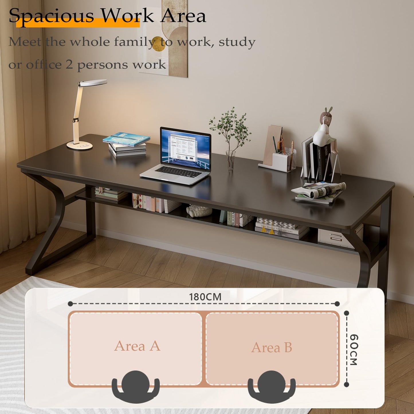 OSCHF Extra Long Desk with Bookshelf - 71" Double Long Writing Table for 2-Person Workstation, Modern Study Work Computer Desk for Home and Office, Black