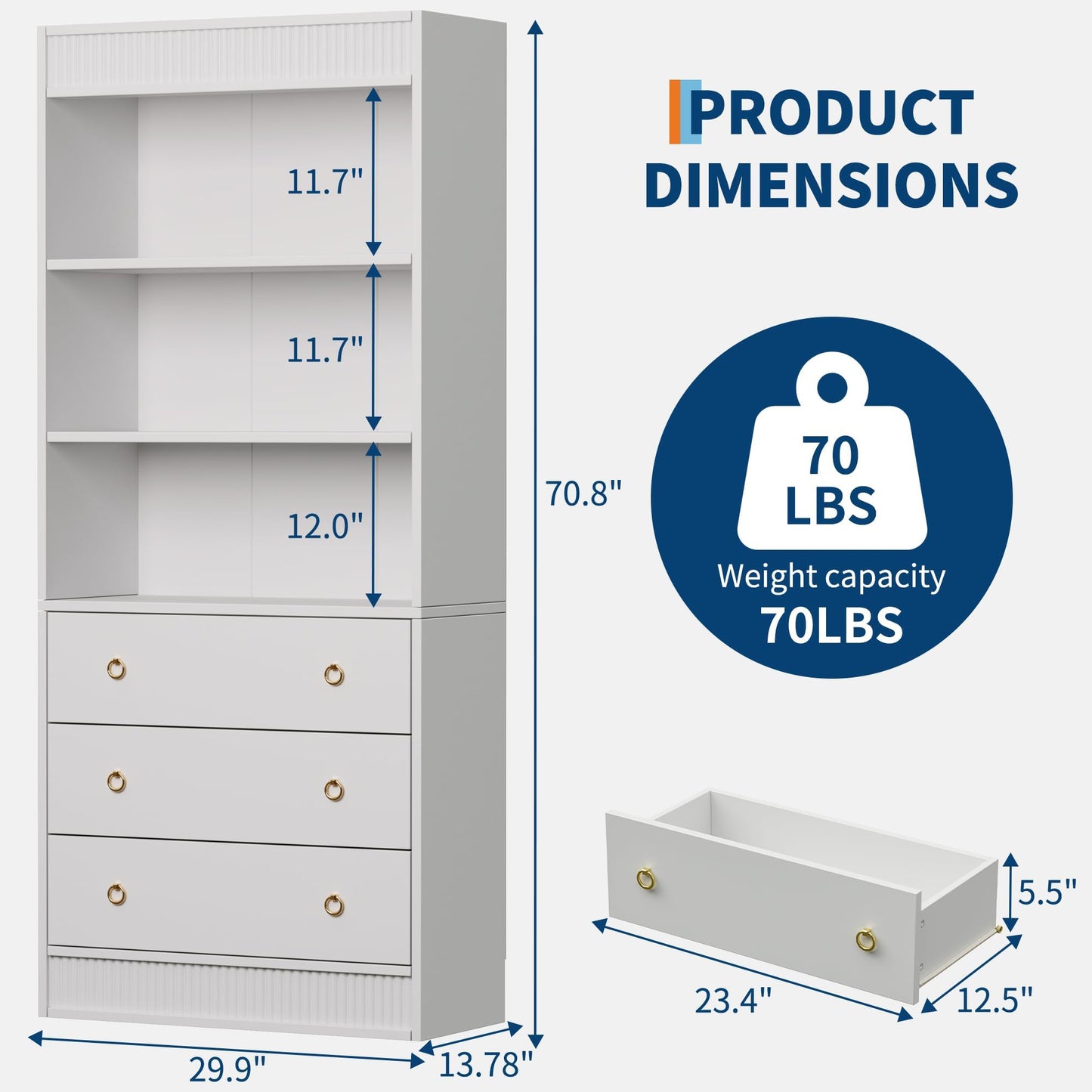 BouPower 71" H White Fluted Bookshelf with 3 Drawers & 3-Tier Open Shelves, Tall Bookcase with Waved Design, Tall Book Shelf with Open Shelf for Living Room/Home Office