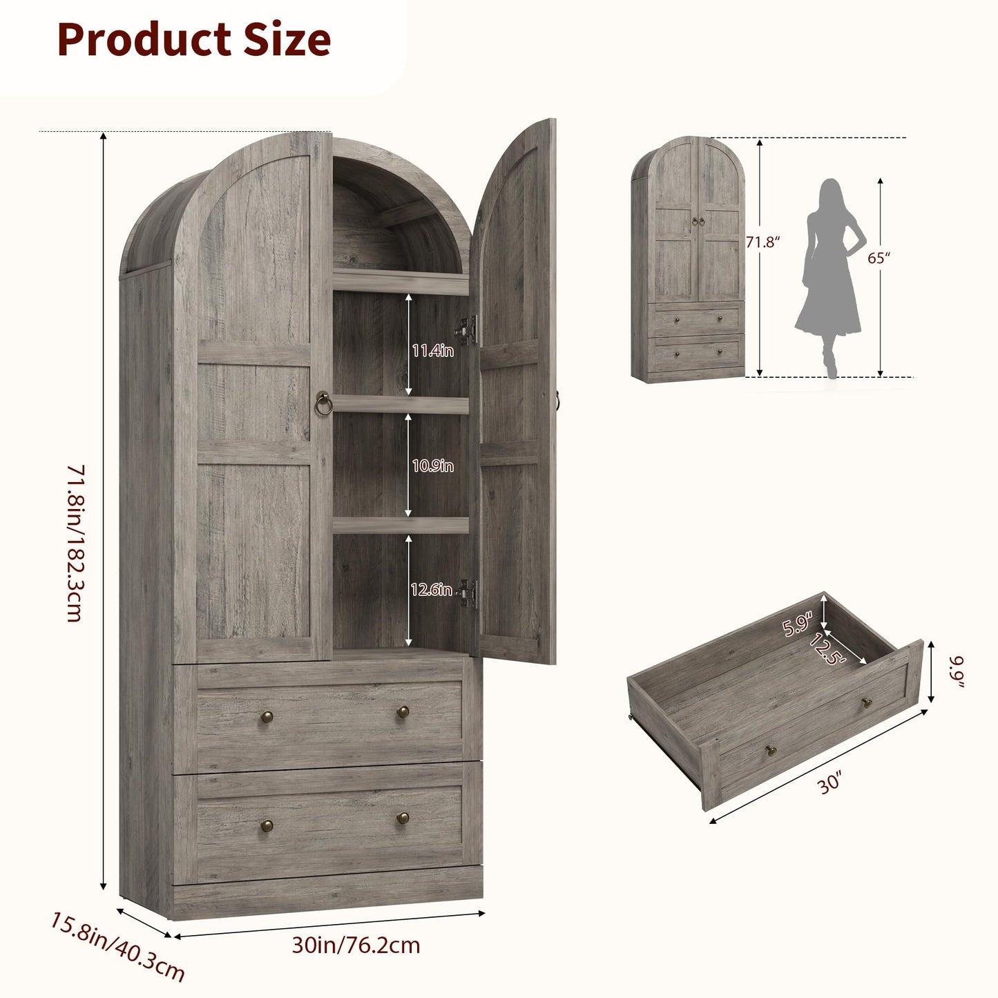 Garvee 72" Tall Dome Bookcase with Drawers, 4-Tier Wooden Bookshelf Storage Cabinet with Door, Farmhouse Arched Cabinet with Storage, Wood Arch Bookcase for Home Office, Living Room, Gray