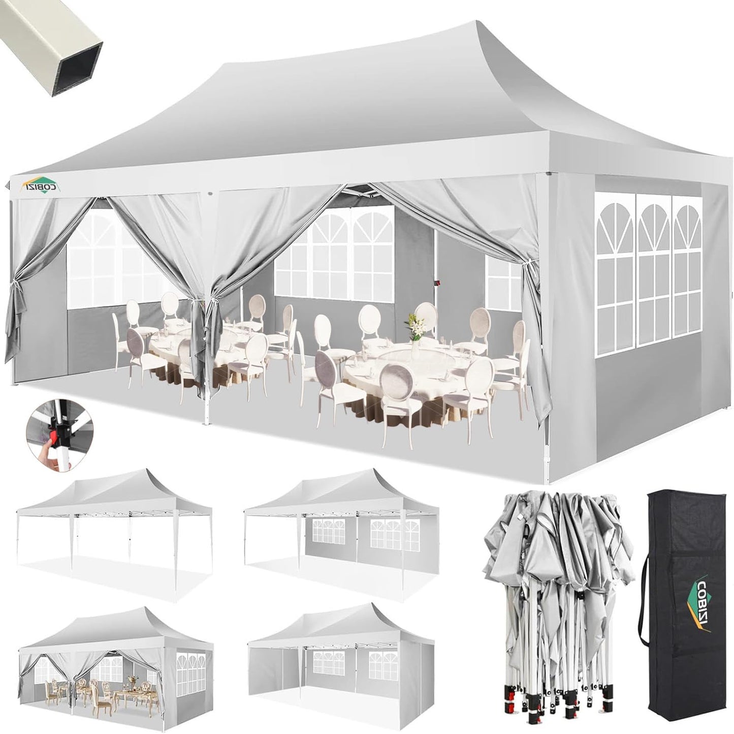 COBIZI 10x20 Pop Up Canopy with 6 Sidewalls,10x20 Canopy Tent Frame Upgraded with 3 Adjustable Heights,Waterproof UV50+ Outdoor Party Commercial Ez Up Gazebos with Carry Bag(10 x 20 ft White)