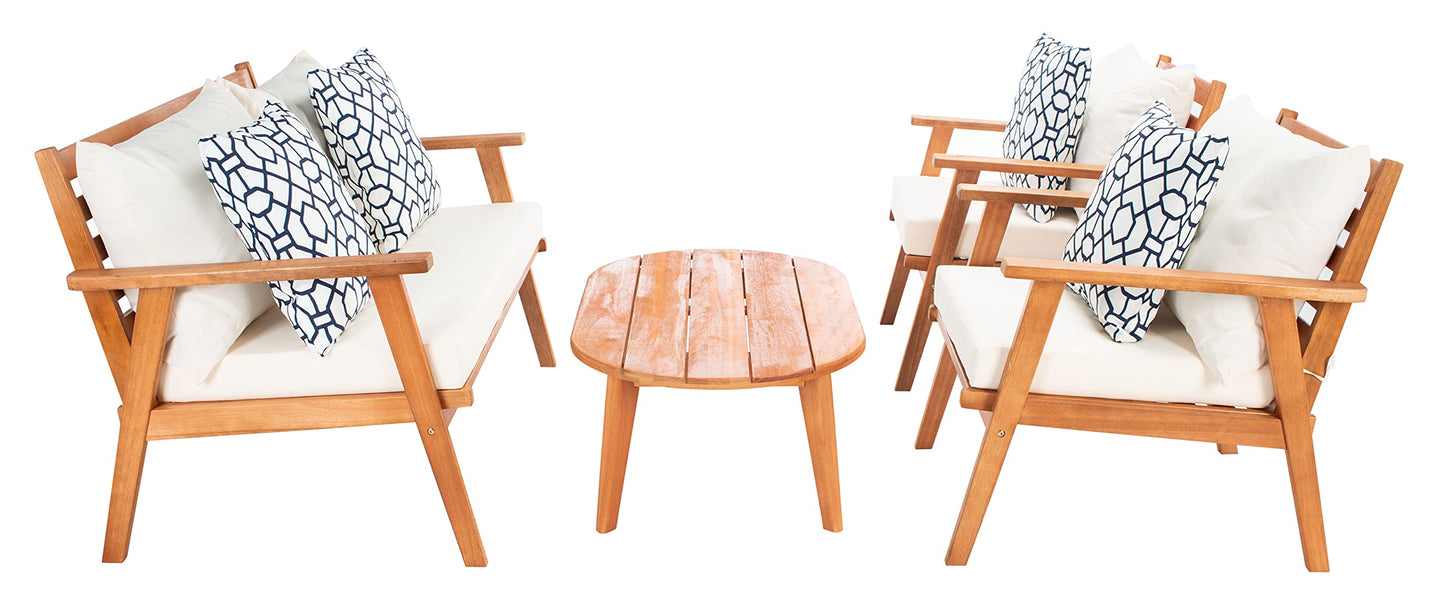 SAFAVIEH Outdoor - Deacon 4-Piece Conversation Set - Brown & Beige - Solid Wood - Coastal Slatted Design with Cushions - Ideal for Patio, Deck, Porch, Backyard (PAT7050C)