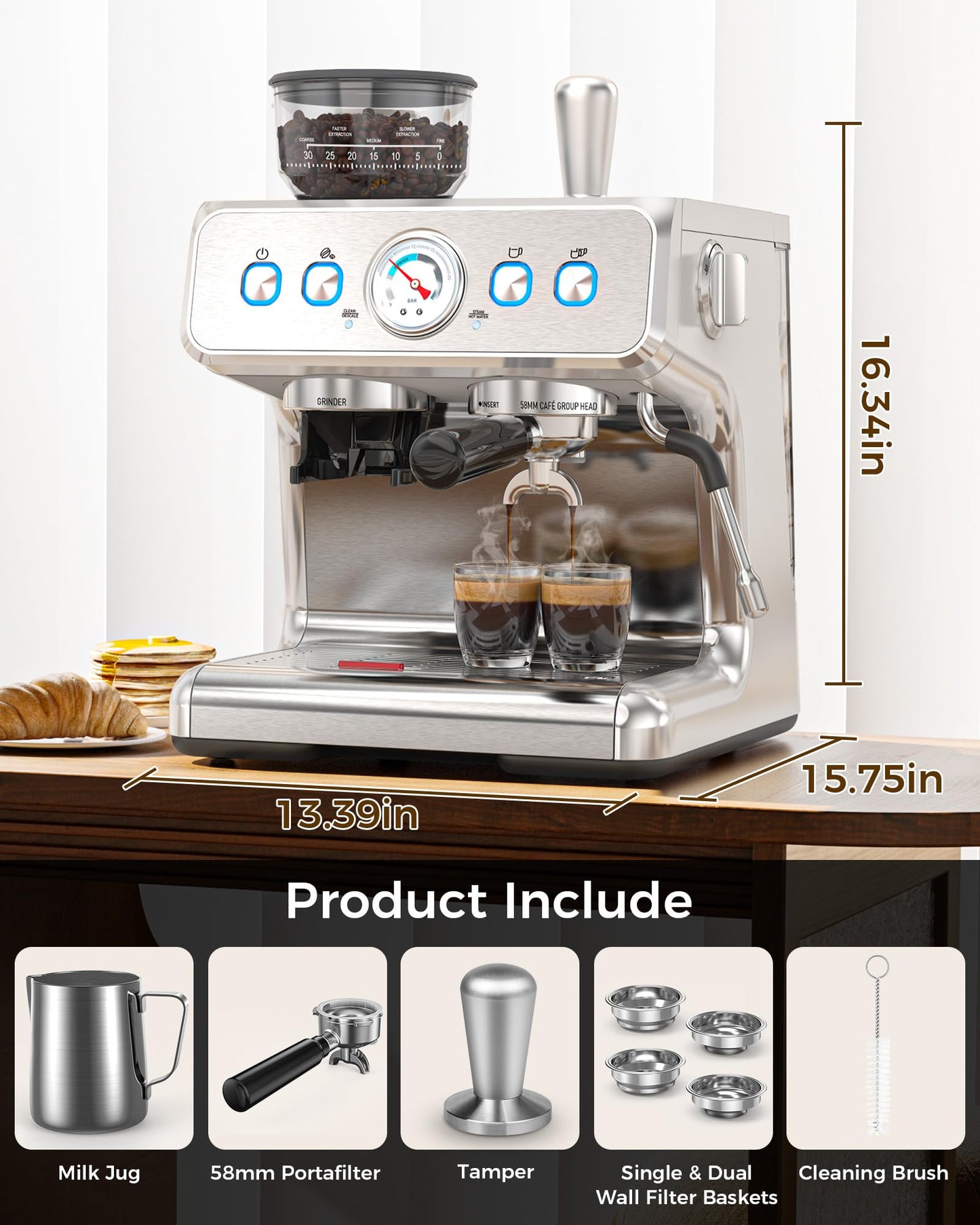 COWSAR 20 Bar Espresso Machine with Grinder & Milk Frother Steam Wand, 58mm Expresso Coffee machines, Commercial Stainless Steel Coffee Maker for Cappuccino and Latte, Perfect for Home Café-Stainless