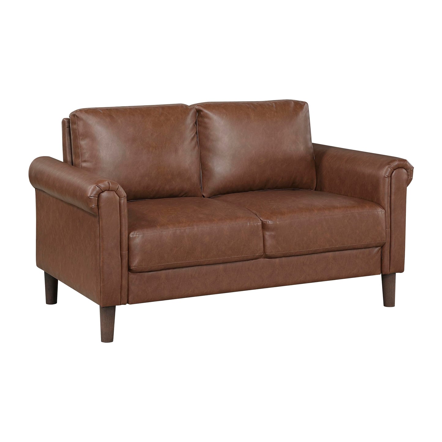 Lexicon 57" W Faux Leather Loveseat Sofa, Upholstered 2-Seater Couch with Rolled Armrest & Wood-Look Feet, Traditional Small Space Living Room, Office or Waiting Room Seating - Chocolate