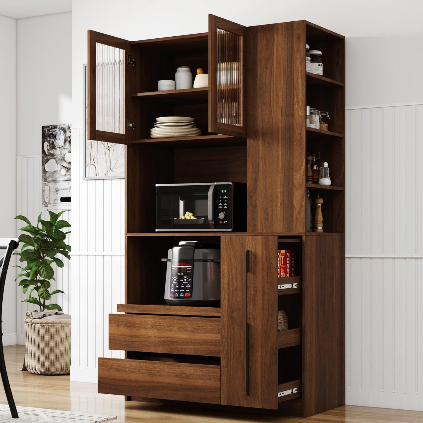 KEIKI 70.87" Tall Kitchen Pantry Storage Cabinet with Pull-Out Shelf, Side Shelves, 2 Drawers, Glass Doors & Microwave Stand, Freestanding Wood Hutch Food Pantries Cupboard for Dining Room
