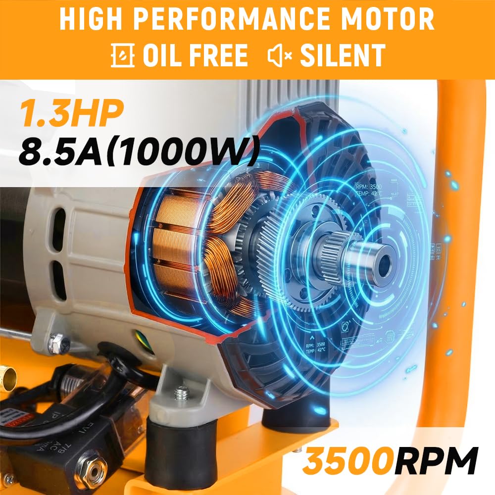 Hoteche 9L Vertical Air Compressor, 1000W, Matte Yellow, Dual Display Gauge with Pressure Regulator & Ball Valve