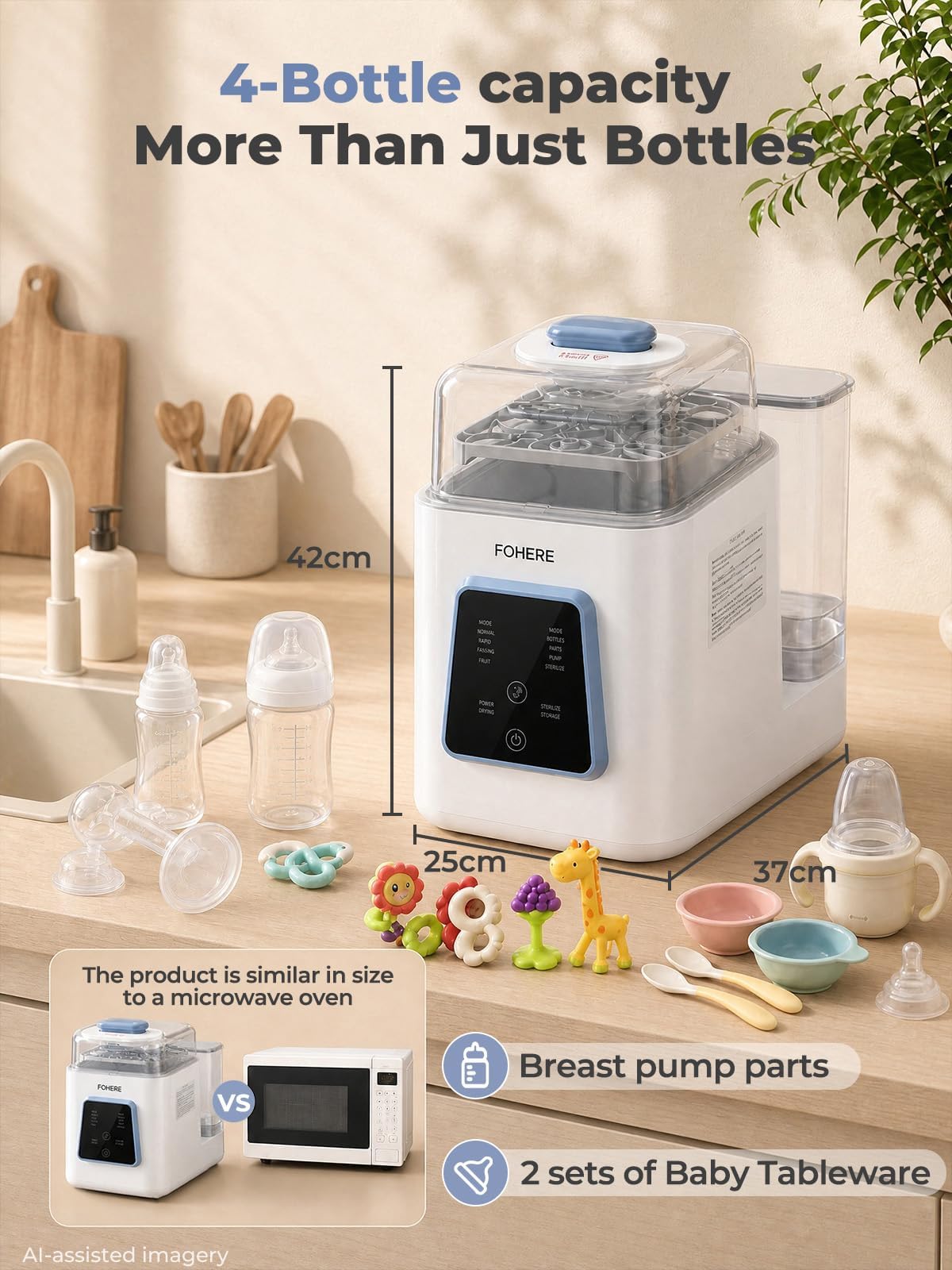 FOHERE All-in-One Baby Bottle Washer and Dryer, Automatic Bottle Cleaner Machine for Breast Pump Parts, Nipples, Newborn Essentials, High-Temp Steam & Deep Clean, 60 Detergent Tablets Included