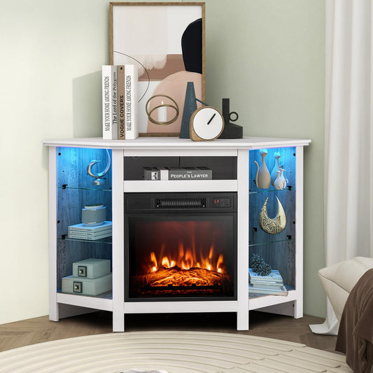 CHEFJOY Electric Fireplace TV Stand for TVs Up to 50”, Entertainment Center w/ 19” Fireplace Heater, APP & Remote Control, 16-Color LED Lights, Corner TV Stand with Adjustable Shelves (White)