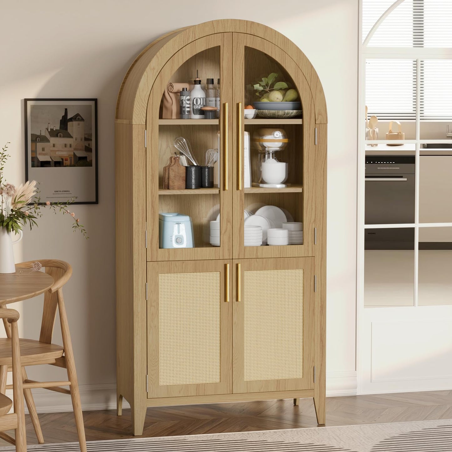 TRUNBACK 63" Tall Arched Cabinet with Glass Doors, Kitchen Pantry Storage Cabinet with Dust-Proof Rattan, 5-Tier Curio China Cabinet with Adjustable Shelves for Living Room Dining Room, Oak