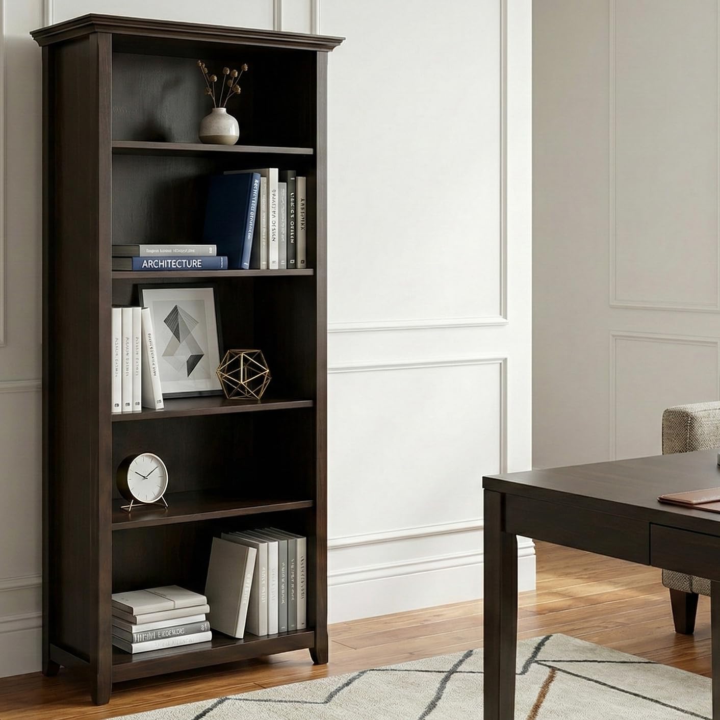 SIMPLIHOME Amherst Bookcase - 70 inch Tall 5-Shelf Solid Wood Bookshelf in Hickory Brown, Transitional Storage for Living Room, Study Room or Office with Adjustable Shelves and Tapered Legs