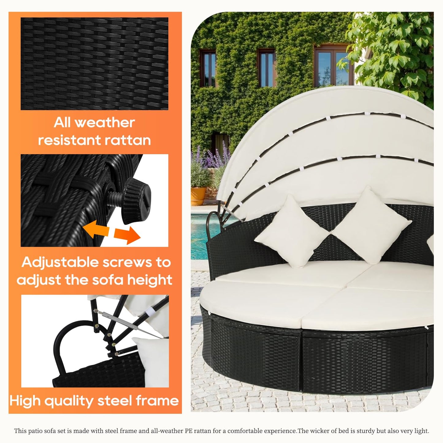 FDW Outdoor Round Daybed Wicker Patio Furniture Outdoor Furniture with Retractable Canopy Rattan Separated Seating Sectional Sofa Khaki Washable Cushioned and Three Pillow for Patio Backyard