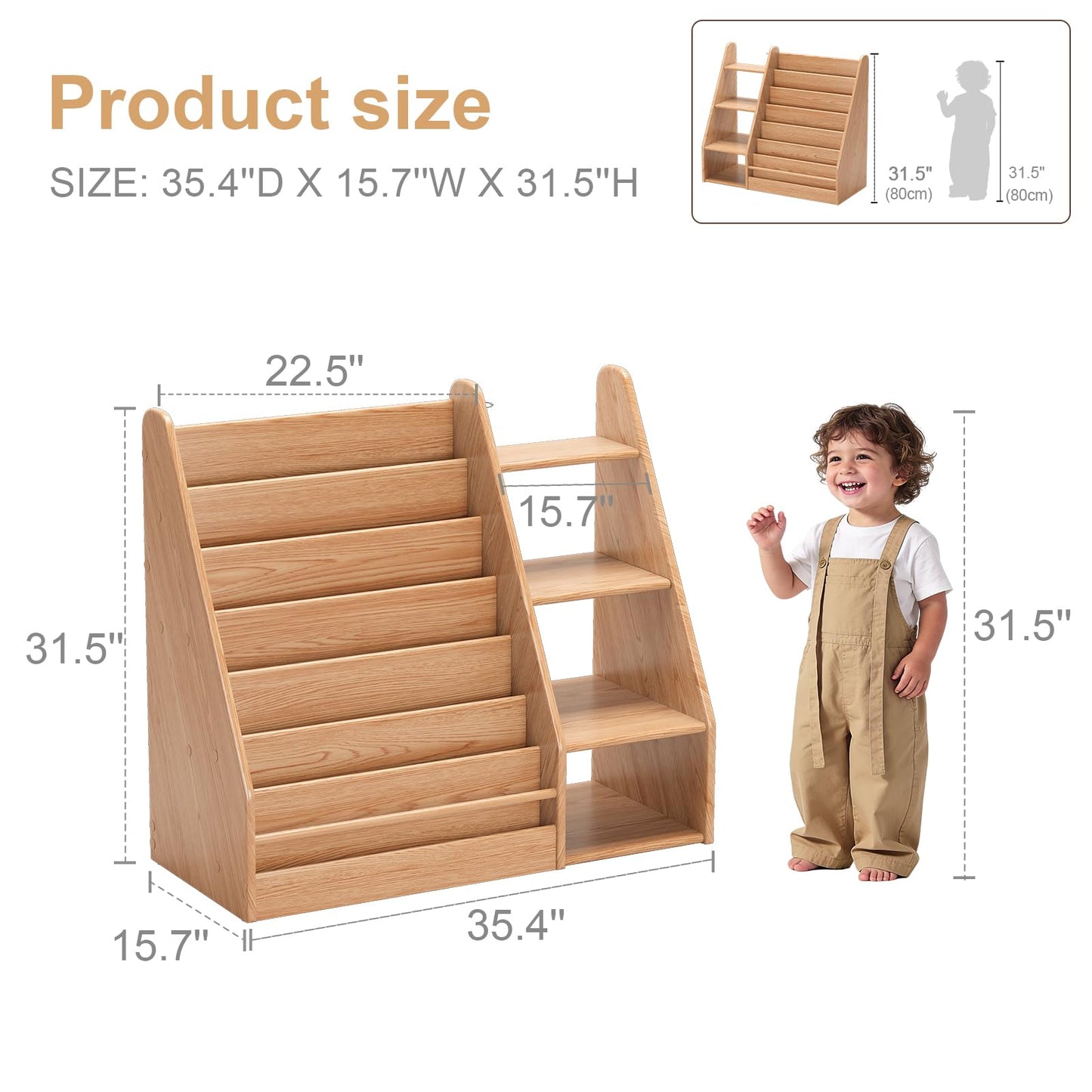 DONGMUWUJEE Solid Wood Kids Bookshelf and Storage Organizer, 7 Layer Children Bookcase, Baby Toddler Wooden Book Shelf, Display Cabinet for Playroom, Bedroom, Classroom, Nursery, School, Natural