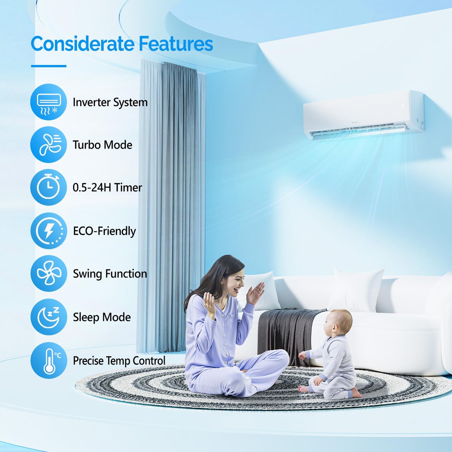 ROVSUN 12000 BTU Mini Split AC/Heating System with Inverter, 21 SEER2 Energy Saving 115V Ductless Split-System Air Conditioner with Pre-Charged Condenser, Heat Pump, Remote Control & Installation Kit