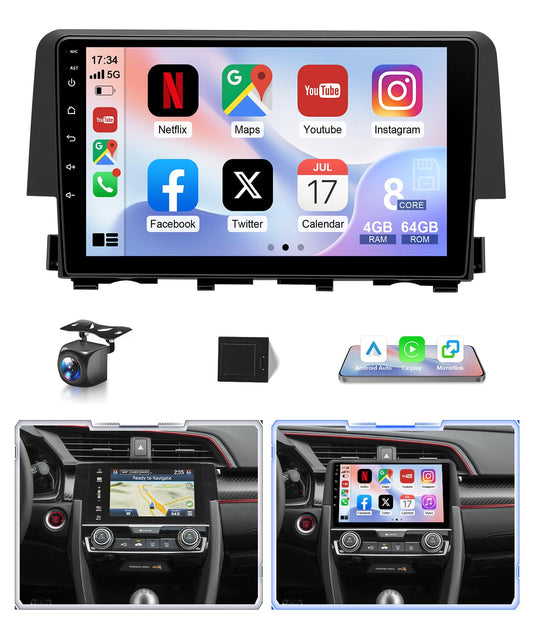 VQU 8Core Car Radio for Honda Civic 2016-2021 Android Touch Screen for Civic Stereo with Apple Carplay Android Auto GPS Navi Bluetooth 5.1 SWC FM WiFi Voice Control RCA RDS DSP Backup Camera, 4G+64G