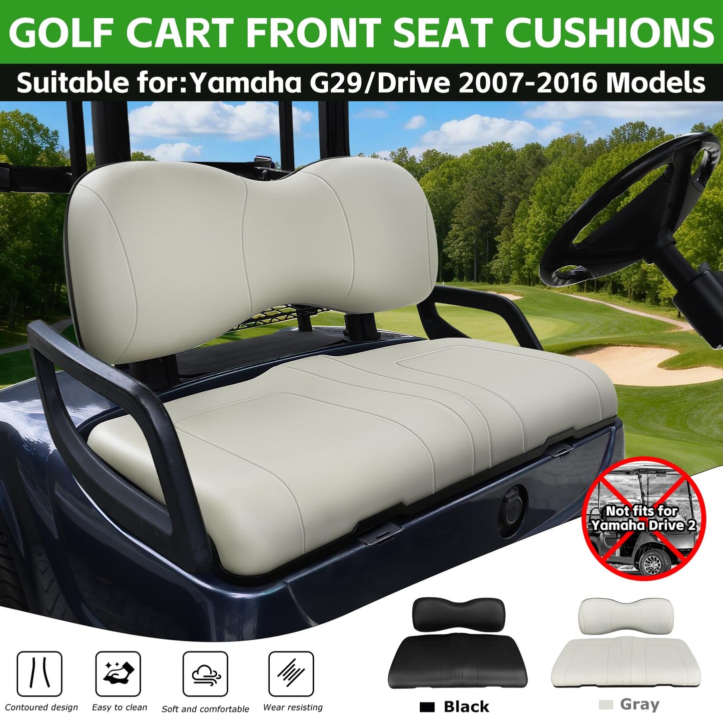 Shu-Ran Golf Cart Front Seat Bottom and Back Rest Cushion Assembly Kit Replacement for Yamaha G29/Drive 2007-2016,Gray