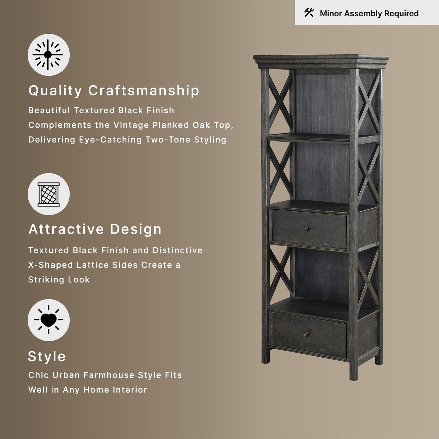 Signature Design by Ashley Tyler Creek Casual Farmhouse 75" Display Cabinet or Bookcase with Drawers and Shelf, Open Lattice Sides, Wood, Gray Black Finish