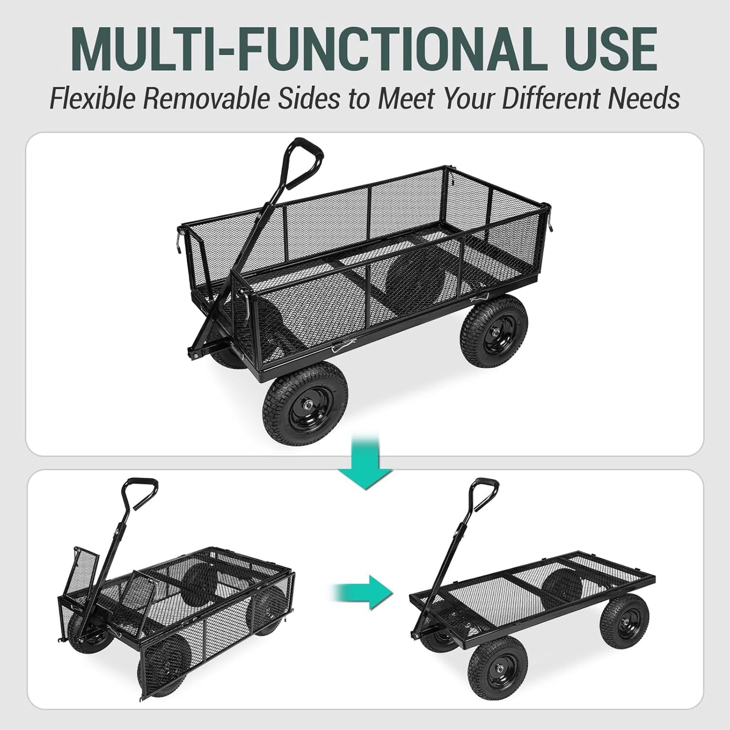 Taifa Heavy Duty Steel 1100 Lb Wagon Garden Carts with Removable Side Panels Turn Into Flatbed, All Terrain Utility Cart with 11.5" Tire, 180° Rotating Handle for Outdoor, Garden, Farm, Yard, Black