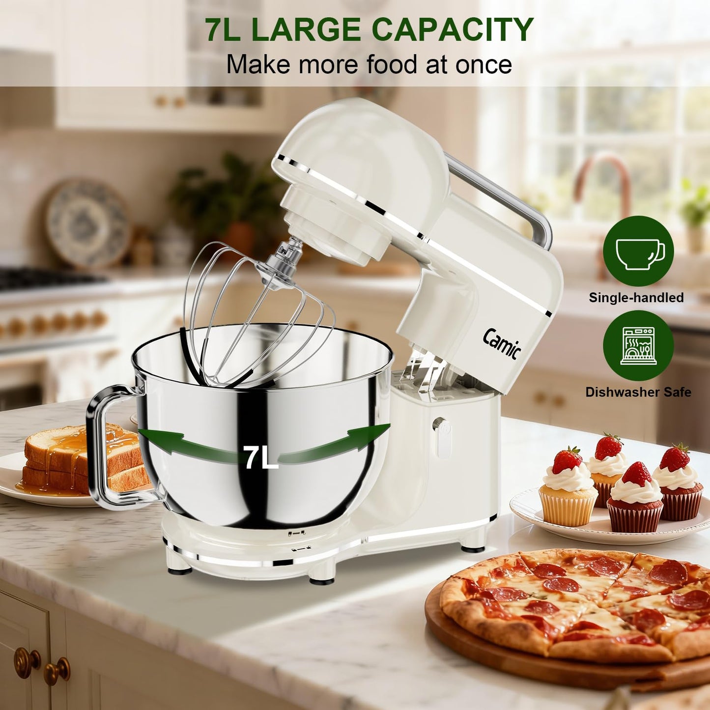 Camic Electric Stand Mixer,7.45 QT,10 Speeds with Dough Hook,Whisk, Flat Beater Attachments, Splash Guard, Easy-Carry Top Handle,3-IN-1 Kitchen Mixer for Baking Cakes Cookie Bread Salad (White)