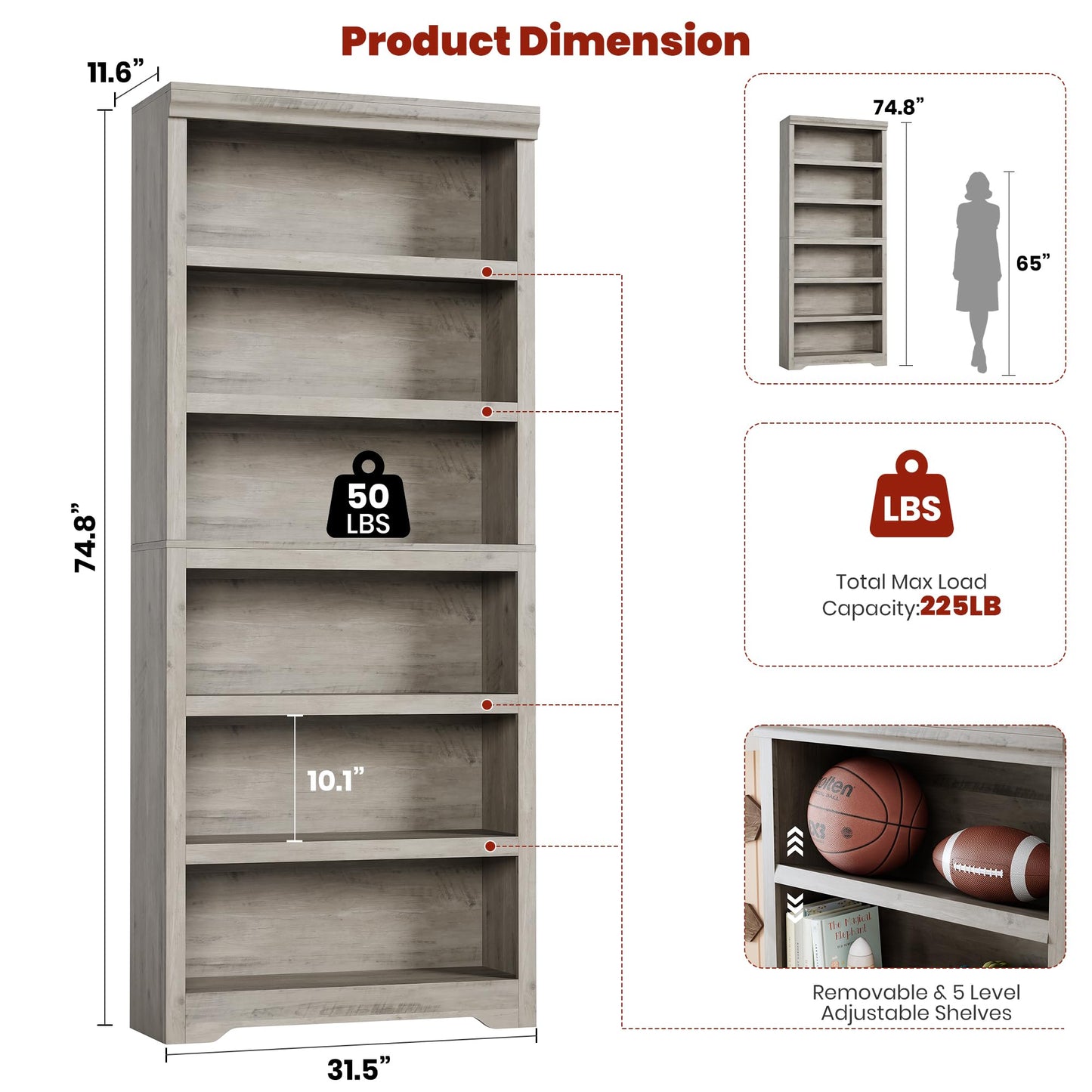 75" Tall Farmhouse Bookshelf, 6 Tiers Open Bookcase with Adjustable Shelves, Anti-Tip Floor Standing Storage Organizer, 31.5"W Wooden Display Shelf for Home Office, Living Room, Balcony & Study, Gray