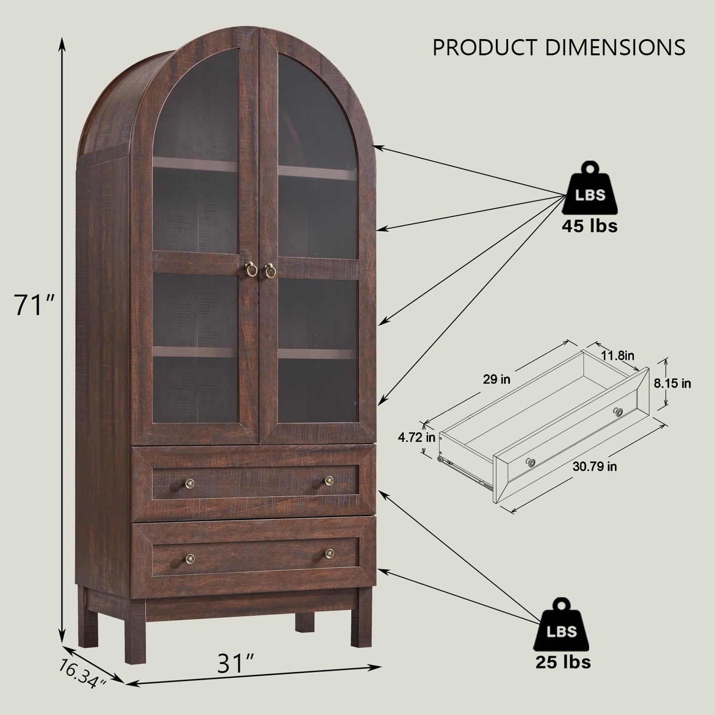IFGET 71" Tall Arched Kitchen Pantry Cabinet, Wood Kitchens Storage Cabinets with 2 Large Drawers and Adjustable Shelves, Modern Farmhouse Versatile Cupboard for Kitchen, Dining Room, Bathroom, Brown