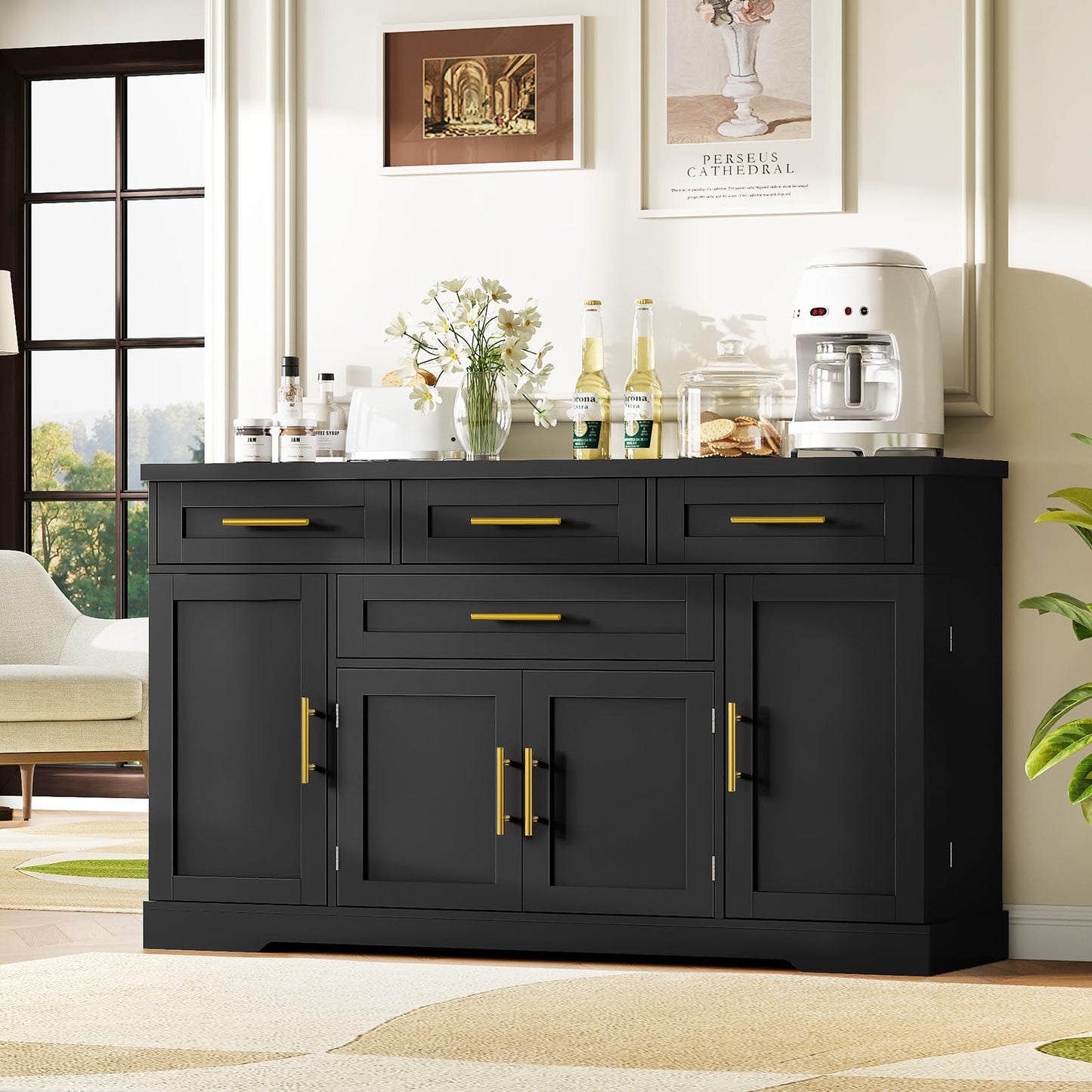 Concho 54" Buffet Cabinet with Storage, Kitchen Sideboard Cabinet with 4 Drawers, Coffee Bar Cabinet with Shelves, Modern Storage Cabinet for Dining Room, Living Room & Kitchen, Black