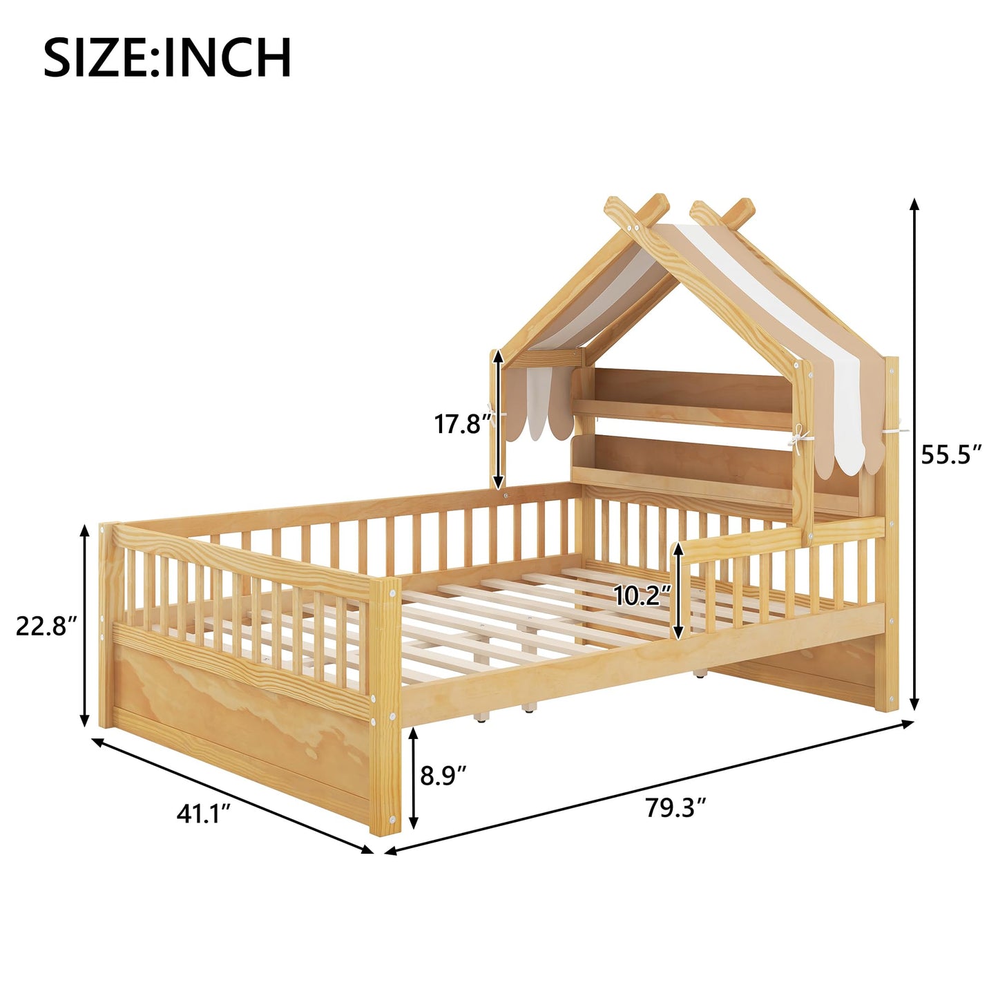 Merax Twin Size House Bed with Storage Headboard Shelf & Removable Canopy, Wooden Platform Bed Frame with Guardrail for Boys Girls Teens Bedroom Use, No Box Spring Needed, Natural