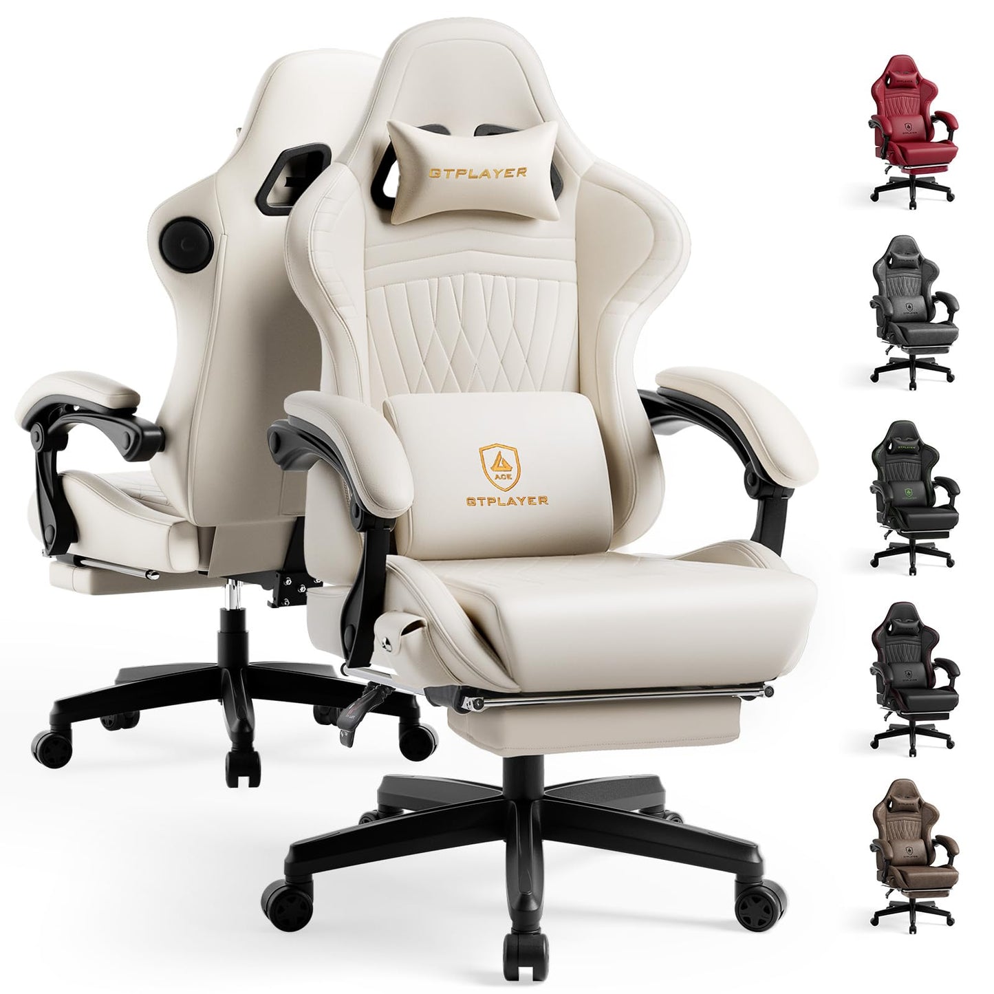 GTPLAYER Gaming Chair with Speakers ACE-PRO, Computer Video Game Chairs with Footrest for Adults, Built-in Speakers, App Support & Bluetooth Control, Ergonomic Reclining Silla, Linkage Armrest, Ivory