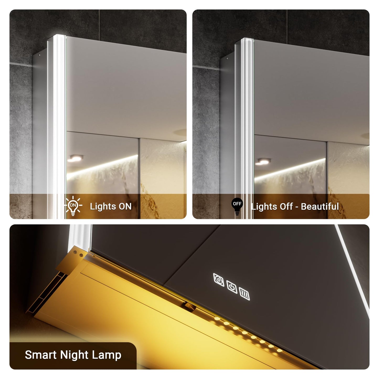 QueenFun Lighted Medicine Cabinet Mirror with Lights & Smart Night Lamp -20x26 Surface or Recessed Medicine Cabinet Mirror with Outlet & Clock,Fogless Dimmable LED Storage Mirror,Built-in Sensor Light