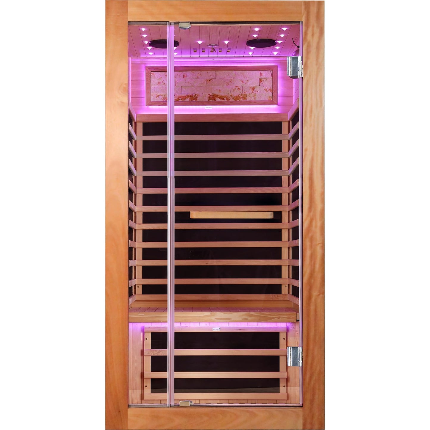 YJSPSSW Single-Person Sauna Room – Compact Infrared Heat Therapy Cabin with 7 Heating Plates, Starry Sky LED & Oguman Wood Design (900x900x1800mm)