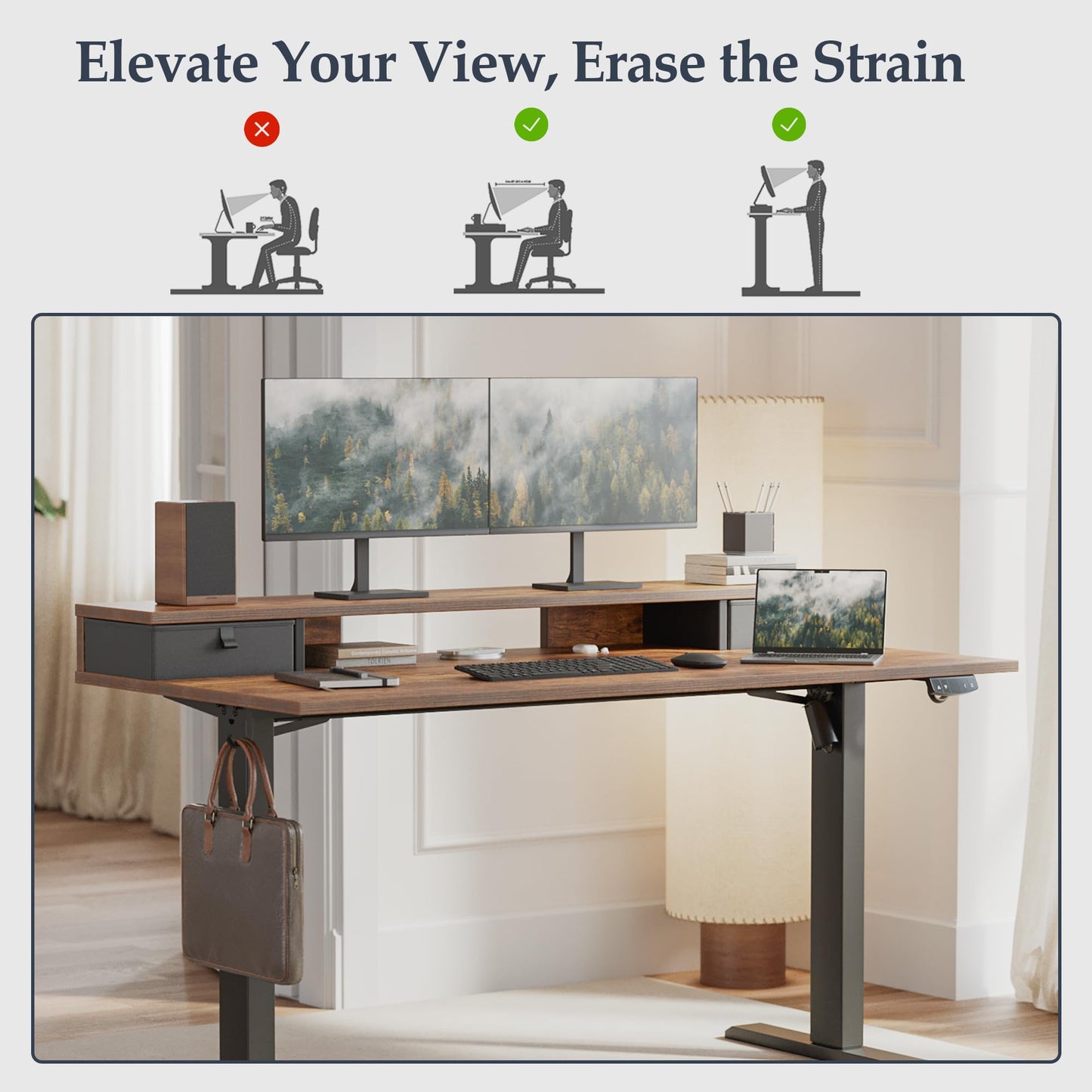 Klicelor 55 x24 Inch Electric Standing Desk with Drawers, Adjustable Height Small Sit Stand Desk for Home Office, Compact Computer Workstation with Storage– Rustic Brown