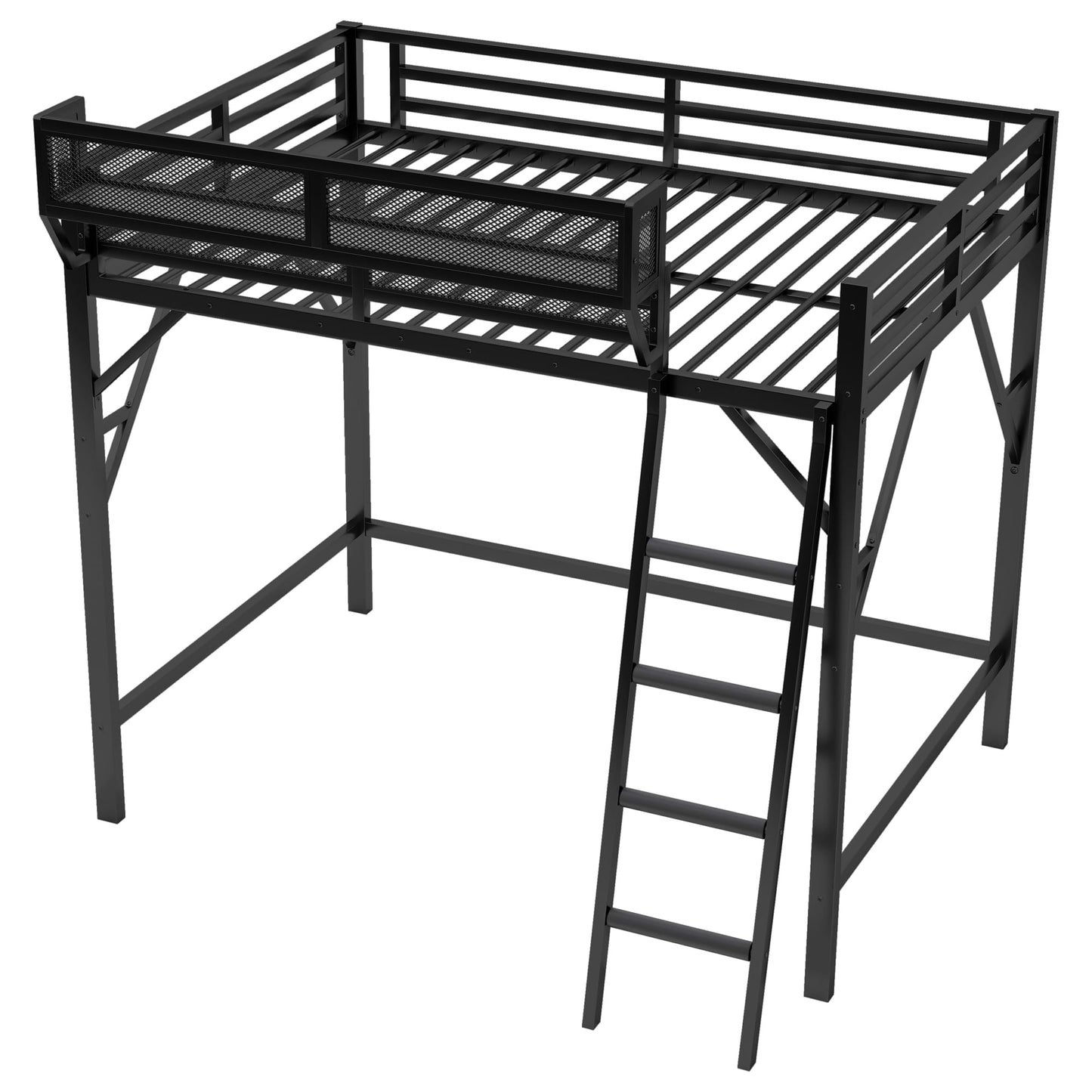 KEIKI Queen Size Metal Loft Bed Frame with Ladder and Built-in Storage Shelves, for Teens, Modern Style Loft Bed with Solid Slats, Guardrail, No Box Spring Required, Easy Assembly, for Bedroom, Black