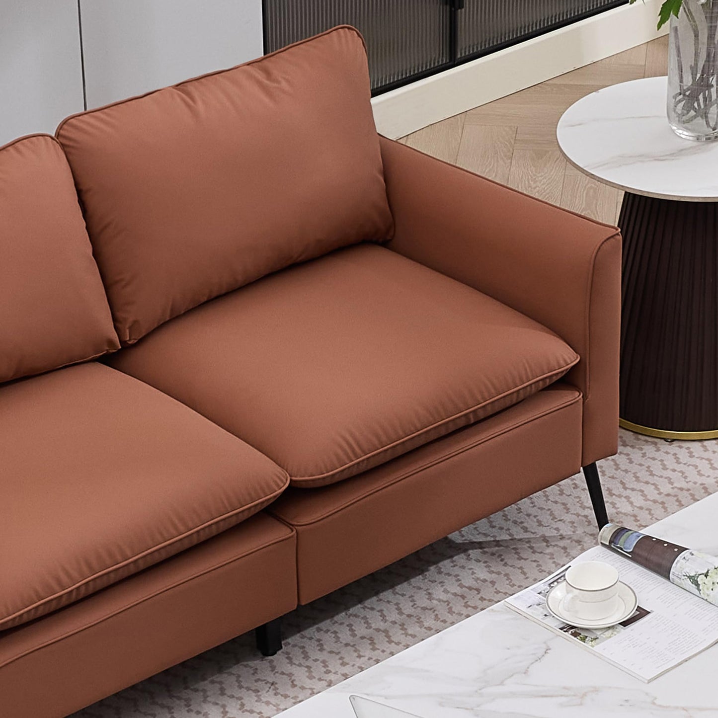 KEIKI Faux Leather Sofa Couch, Living Room Furniture Sectional Sofa Sets of 3 Pcs, Mid Century Modern Decor Sofa Couches, Loveseat & Accent Chair for Small Space, Apartment, Office, Brown
