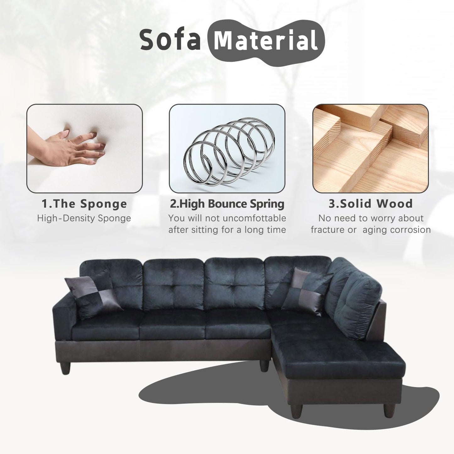 UOCFYK L-Shaped 3-Piece Lint and PVC Sofa with Storage Ottoman Set, Sectional Couch Sofa Set for Living Room, Office, Small Space, Dark Blue and Brown