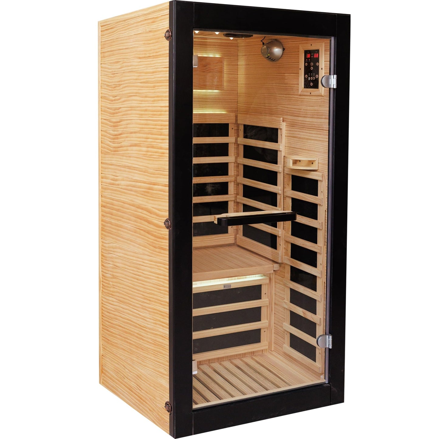 YJSPSSW Single-Person Sauna Cabin – Compact Infrared Sauna with 8 Heating Plates, Starry Sky Lighting & Colorful Light Strips – Chilean Pine Wood Design (780x780x1580mm)