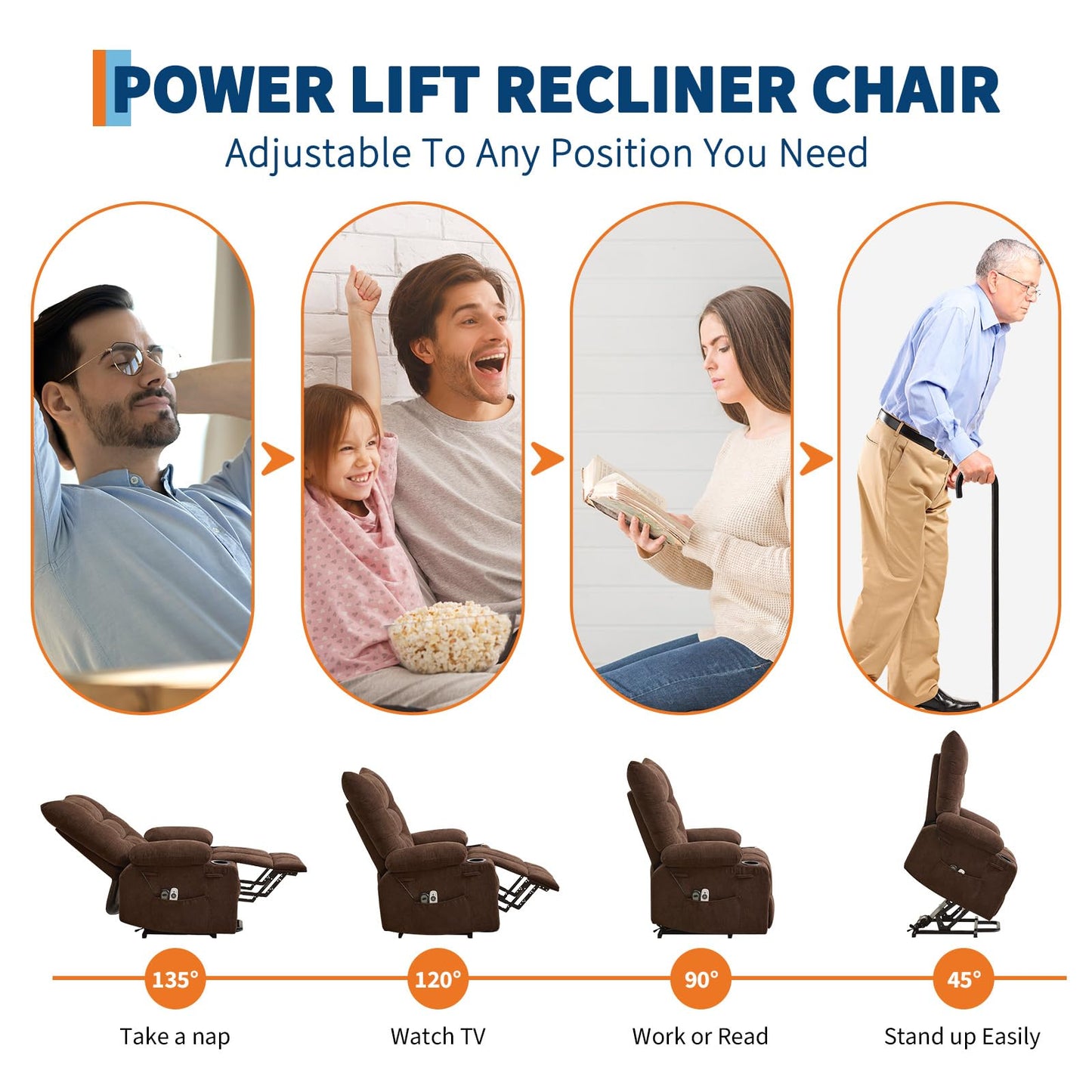Power Lift Recliner Chair for Elderly - Electric Massage & Heat Recliner with 45° Assist Stand, Oversized Living Room Sofa with Soft Padded Upholstery, Side Pocket & Cup Holders for Living Room
