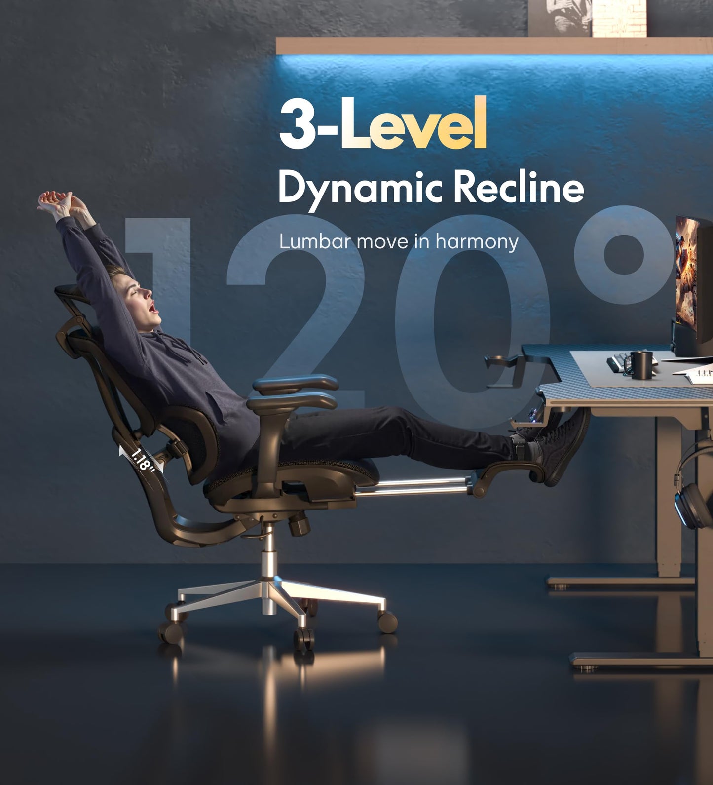 FLEXISPOT Sentinel Ergonomic Gaming Chair with 3-Year Warranty Dual-Wing Adaptive Lumbar 3D Armrests 120° 3-Position Recline Height-Adjustable Backrest Premium Computer Desk Chair for Home & Office