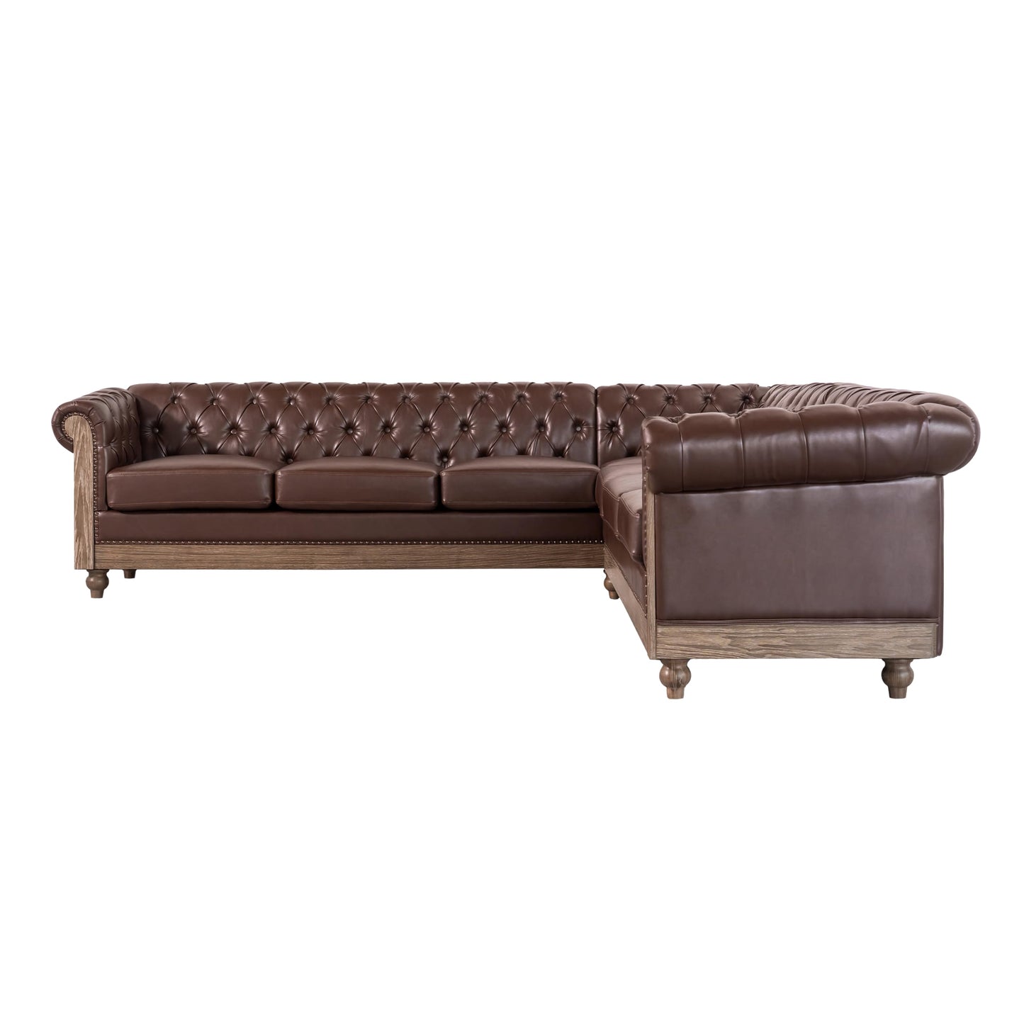 Merax PU Chesterfield Sofa, Retro Upholstered 6 Seater Leather Rolled Arm Couch for Living Room Bedroom, Dark Brown