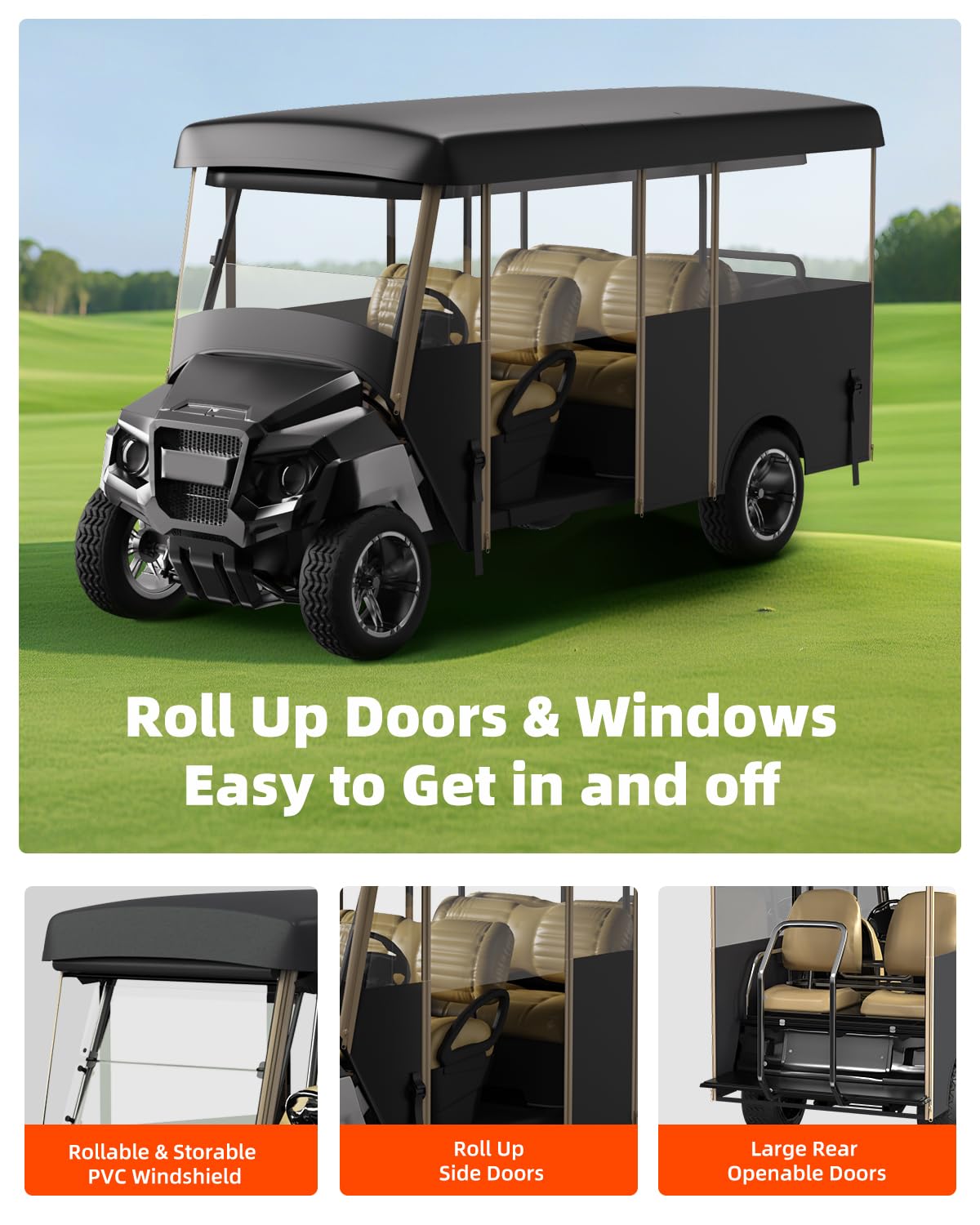 Golf Cart Cover Enclosure 4&6 Passenger, Golf Cart Cover for Yamaha Club Car EZGO, Waterproof 600D Oxford Rain Cover, Transparent Tail Light Panel, Foldable Door,4-Sided Clear Windows