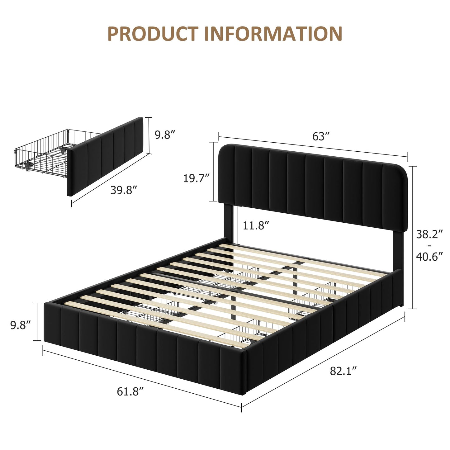 GAOMON Queen Bed Frame with Storage Drawers - Velvet Upholstered Platform Bed Frame with Adjustable Headboard, Wood Slats Support, No Box Spring Needed, Easy Assembly, Black