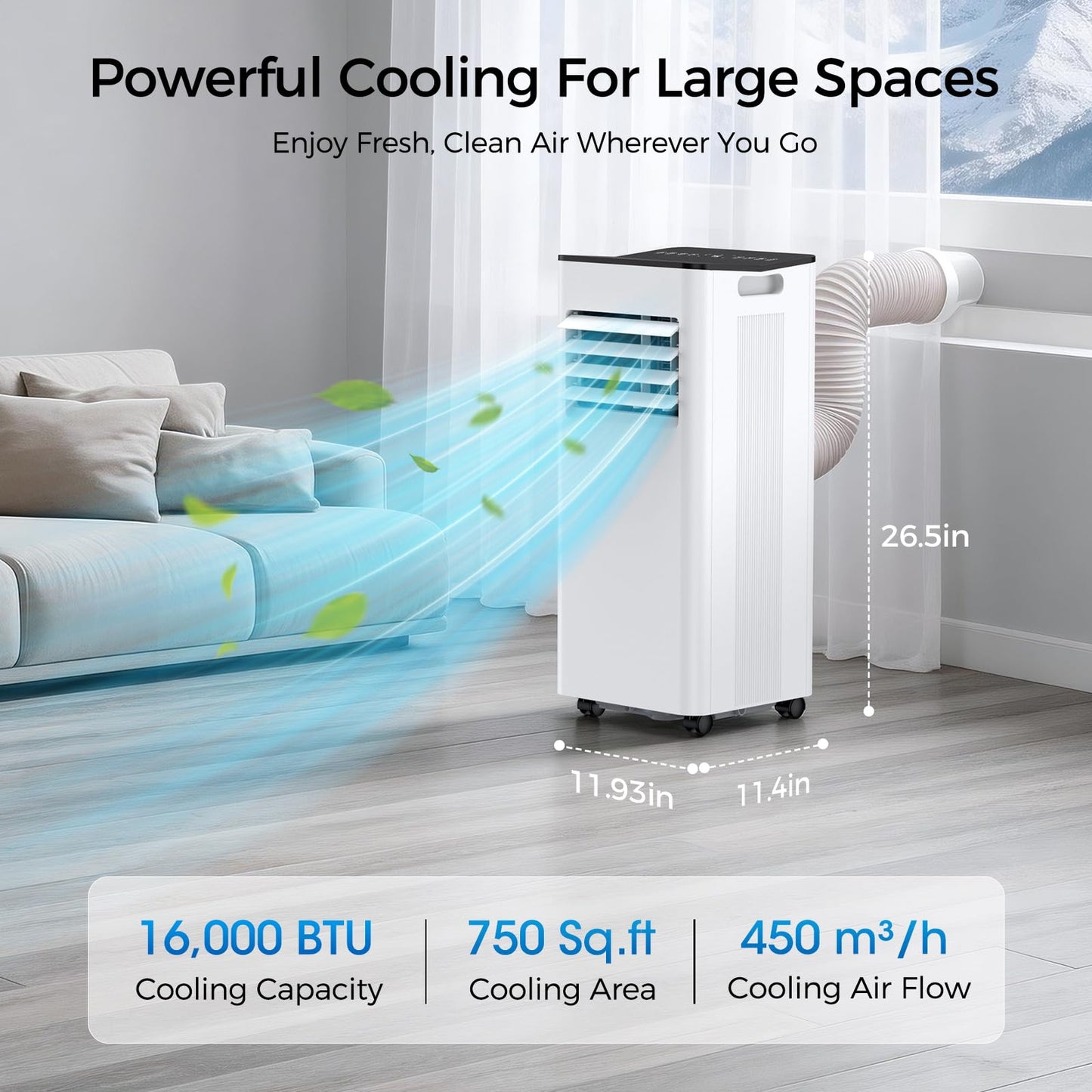 HoneyNov 16000 BTU Portable Air Conditioner for Large Rooms & Bedrooms up to 750 Sq.Ft, Ultra Quiet 40dB Smart WiFi AC, 5-in-1 Cooling with Dehumidifier, Fan, Sleep Mode & Timer(White)