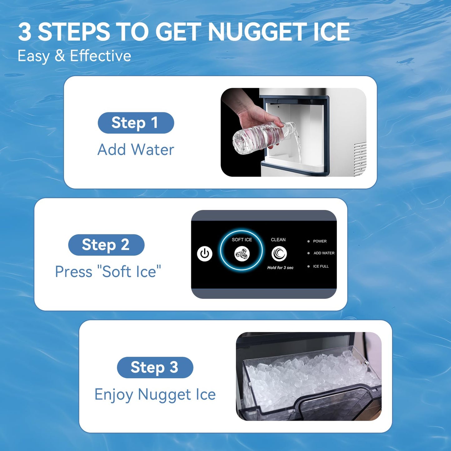 Nugget Ice Maker Countertop, Chewable Pellet Ice Machine, 37lbs/Day, 6-Min Fast Ice, One-Click Self-Cleaning, 0.8Gal Detachable Tank, Stainless Steel for Home/Kitchen/Office/Party