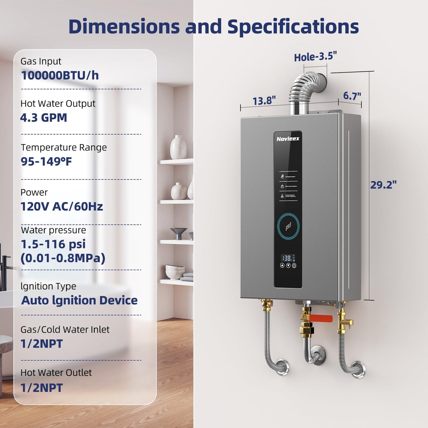 Tankless Water Heater, Novieex On Demand Water Heater Natural Gas, Up to 4.3 GPM, 100,000 BTU Instant Hot Water Heater with LED Display, Indoor Installation, 2-4 Point Use for Family Bathroom Kitchen