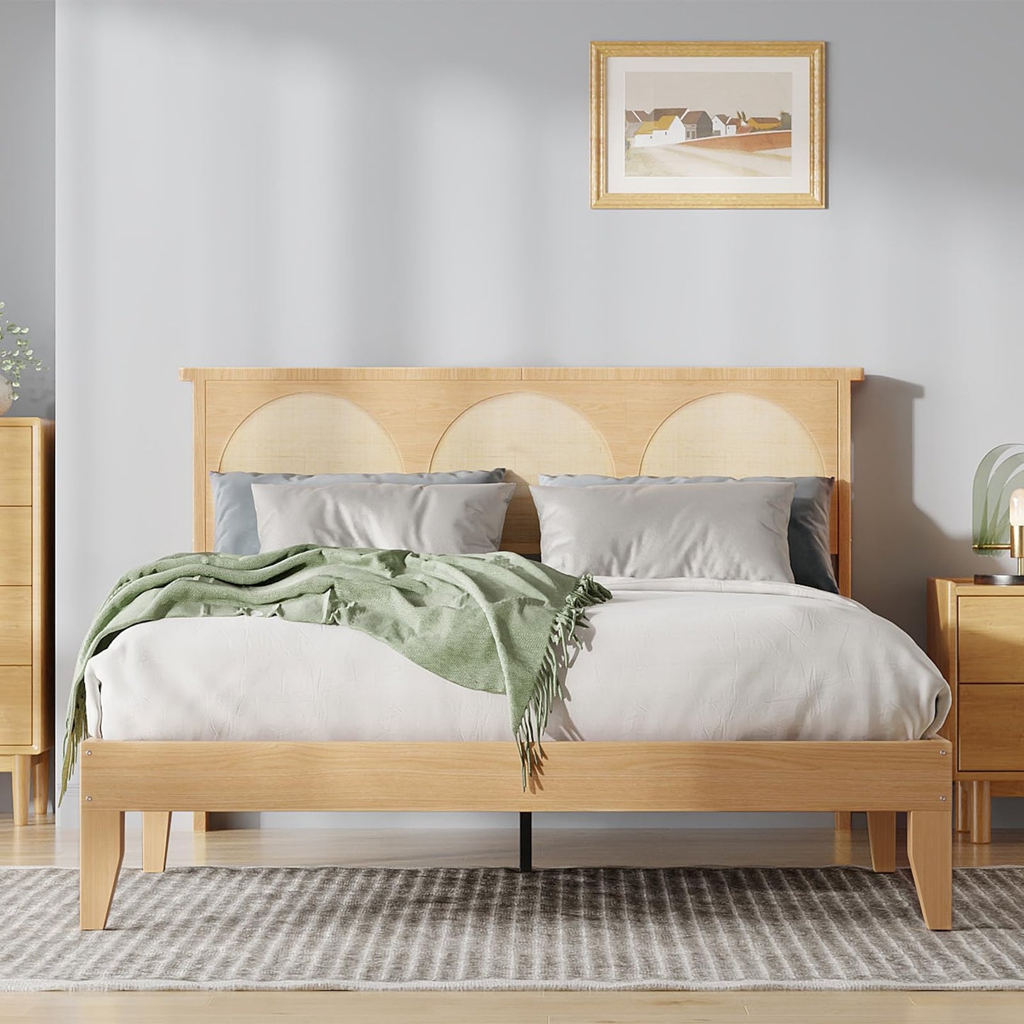 Queen Boho Rattan Bed Frame, Wooden Bed Platform with Storage, Smart RGB LED Natural Rattan Headboard, No Box Spring Needed, Under Bed Storage, Easy Assembly Solid Wood Foundation with Silent Slats