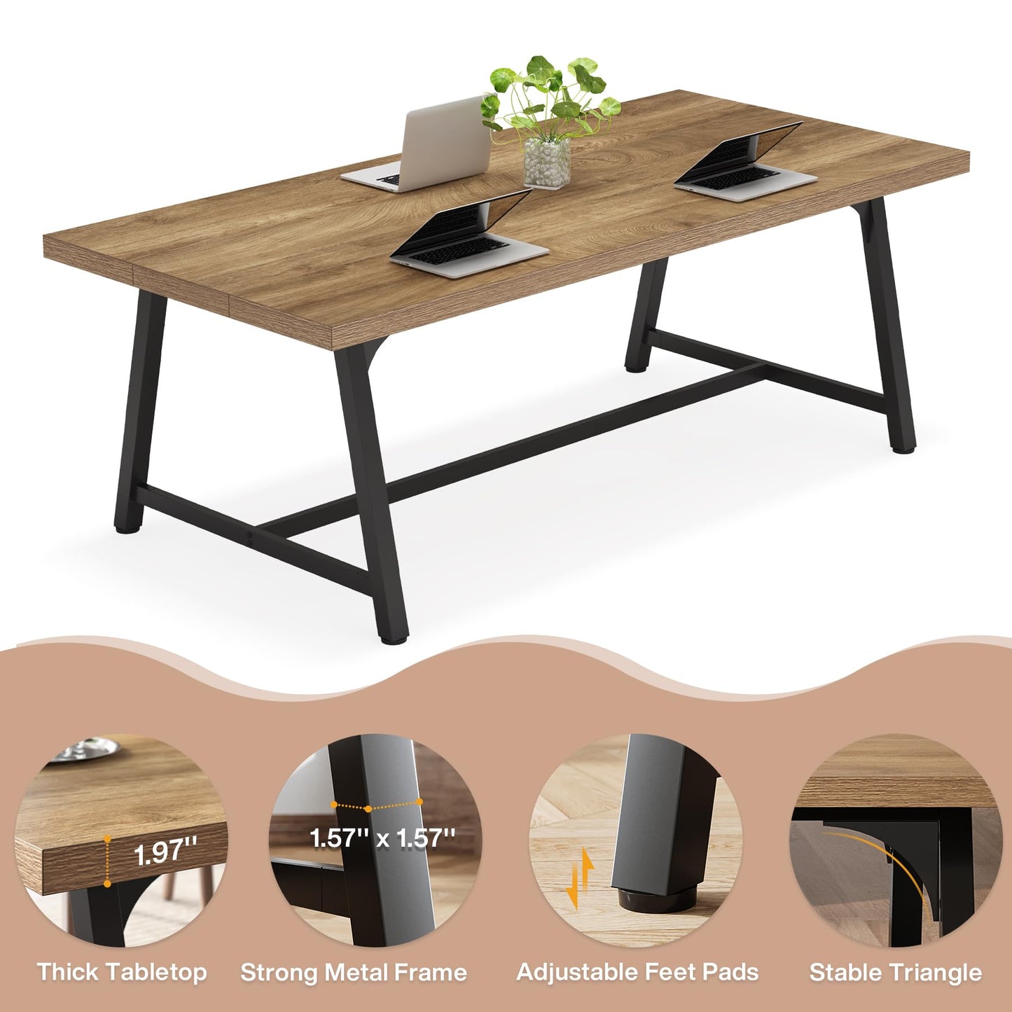 Tribesigns 6FT Rectangle Conference Table, 70.87L x 33.46W x 29.92H Inches Meeting Table for Conference Room, Wood Office Executive Desk with Strong Metal Frame for 6 People, Yellow Brown