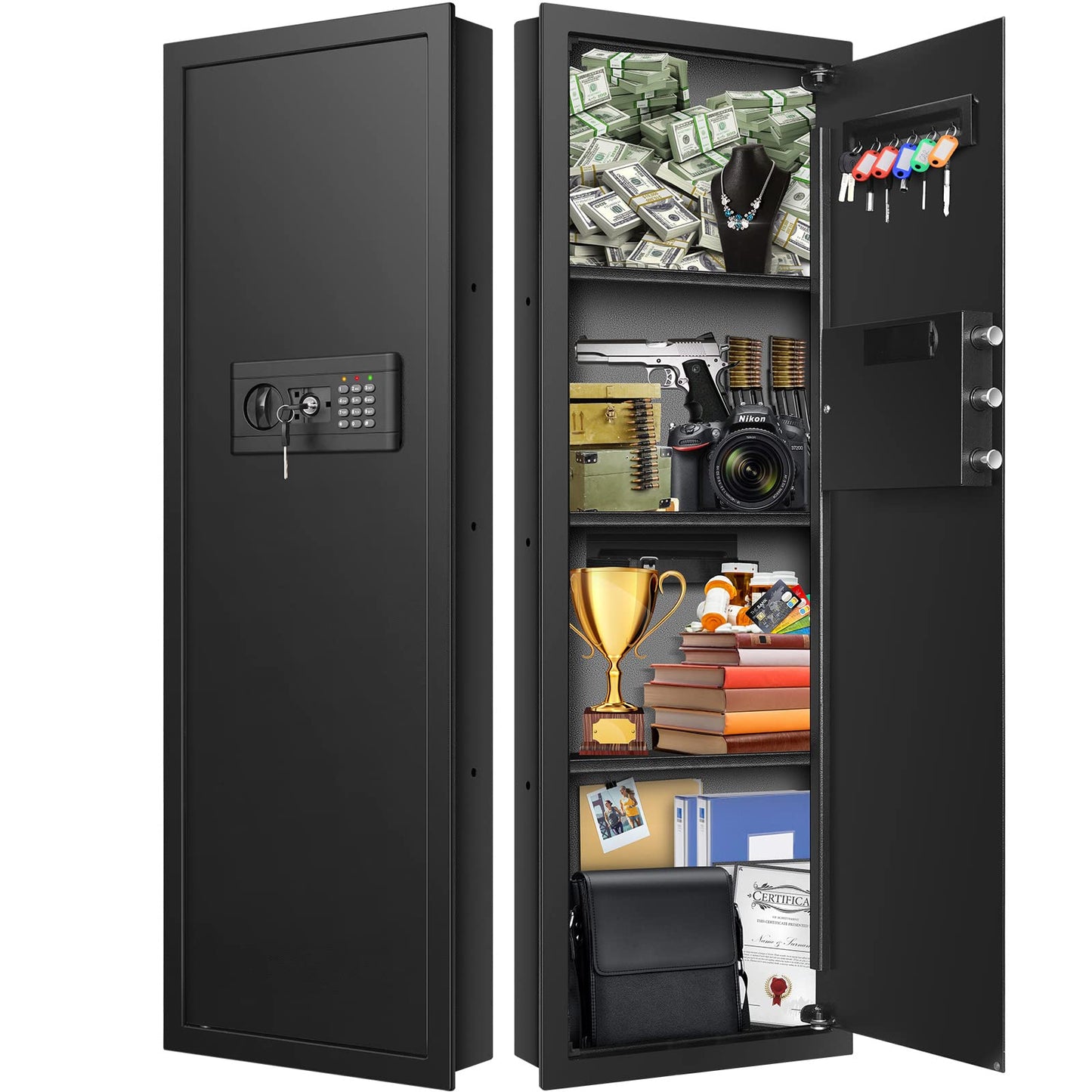 GHJGAGE 43.3'' Tall Fireproof Wall Safe Between Stud, Heavy Duty Flush In Wall Safe With Digital Keypad & Removable Shelf, Hidden Gun Safe, Security Home Wall Safes For Storage Firearms Money Medicine