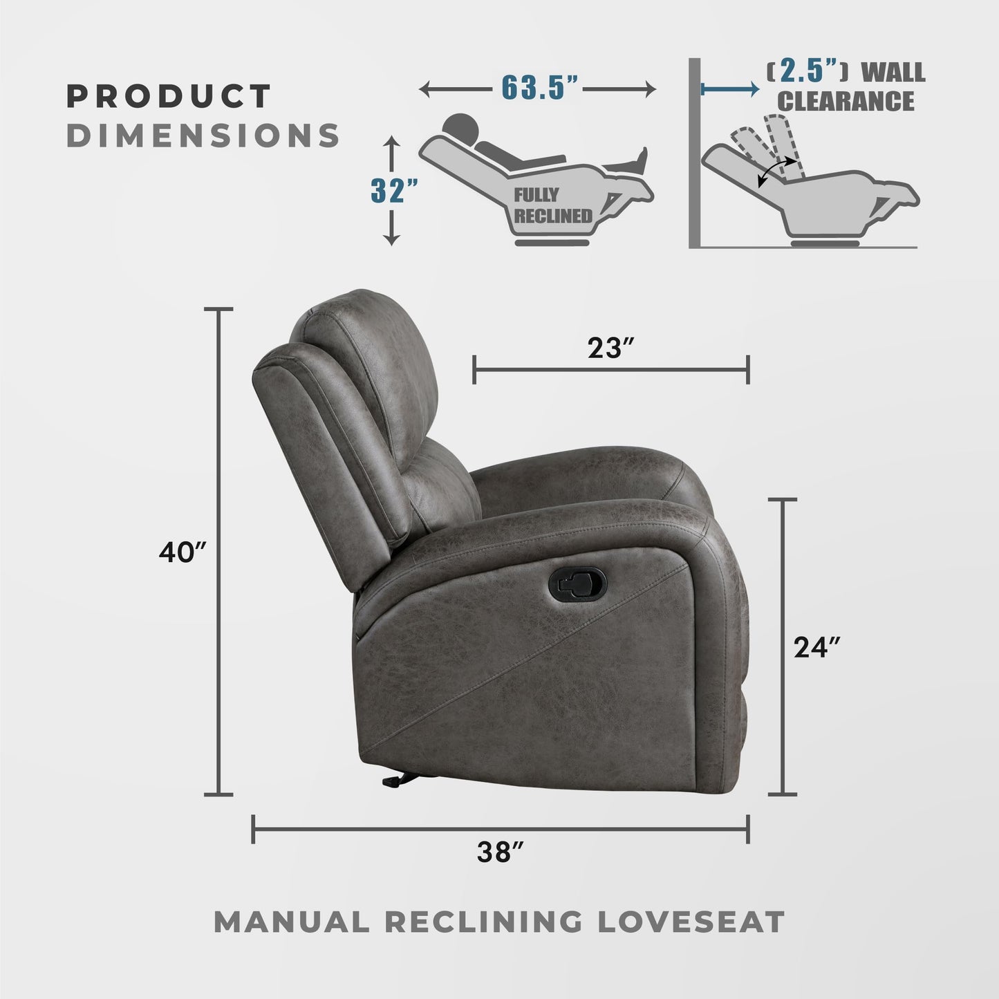 Lexicon 61.5'' Double Recliner Couch, Wall Hugger Sofa Recliners, Home Theater Seating Dual Reclining Couch, Love seat Recliner Manual Recliner Couches for Living Room/Bedroom/Office/Apartment, Grey