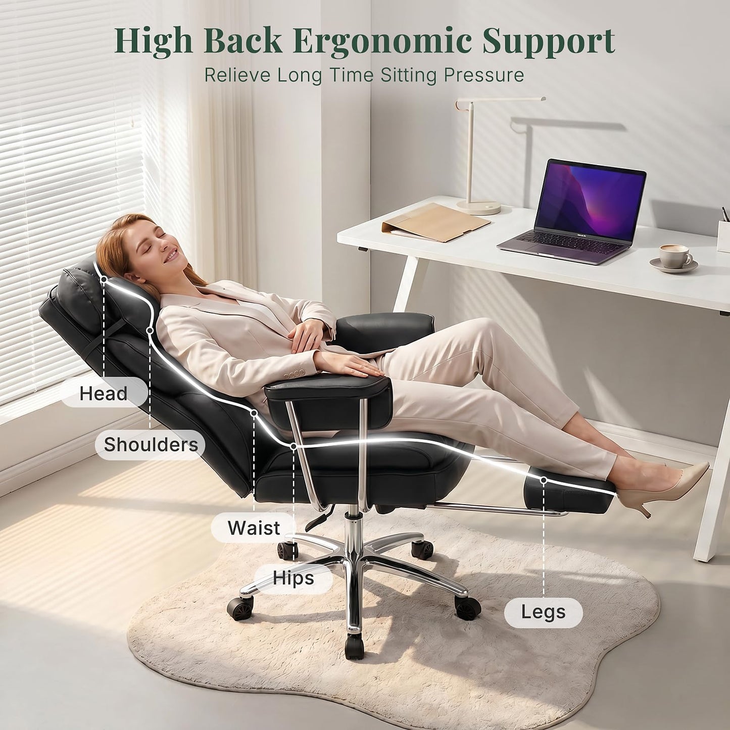 HAPPYMONT Executive Ergonomic Office Chair, PU Leather High Back Reclining Office Chair with Footrest and Lumbar Support, Height Adjustable Rolling Swivel Computer Chair for Home Office,Black
